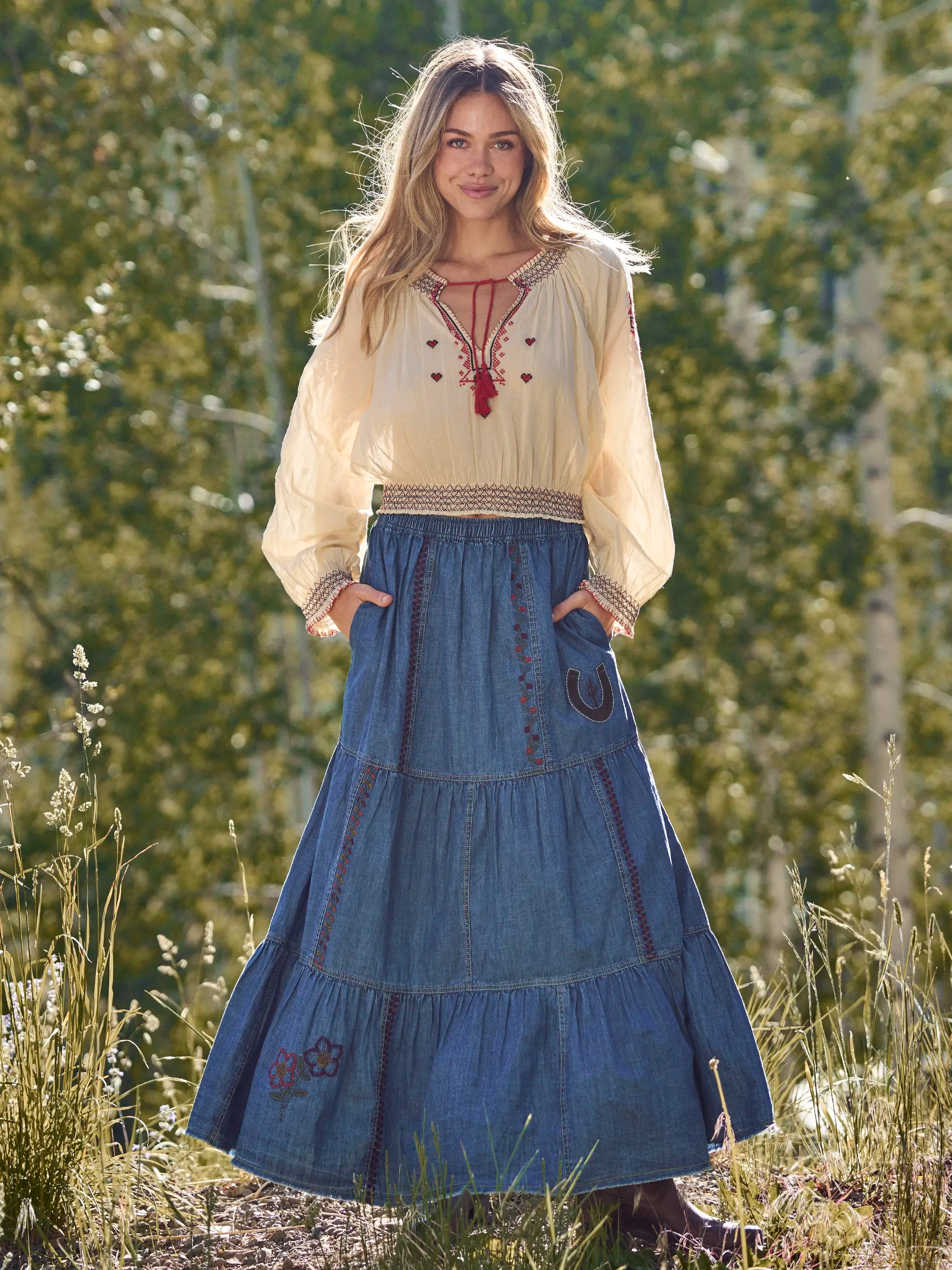 Abilene Embroidered Cotton Maxi Skirt - Denim