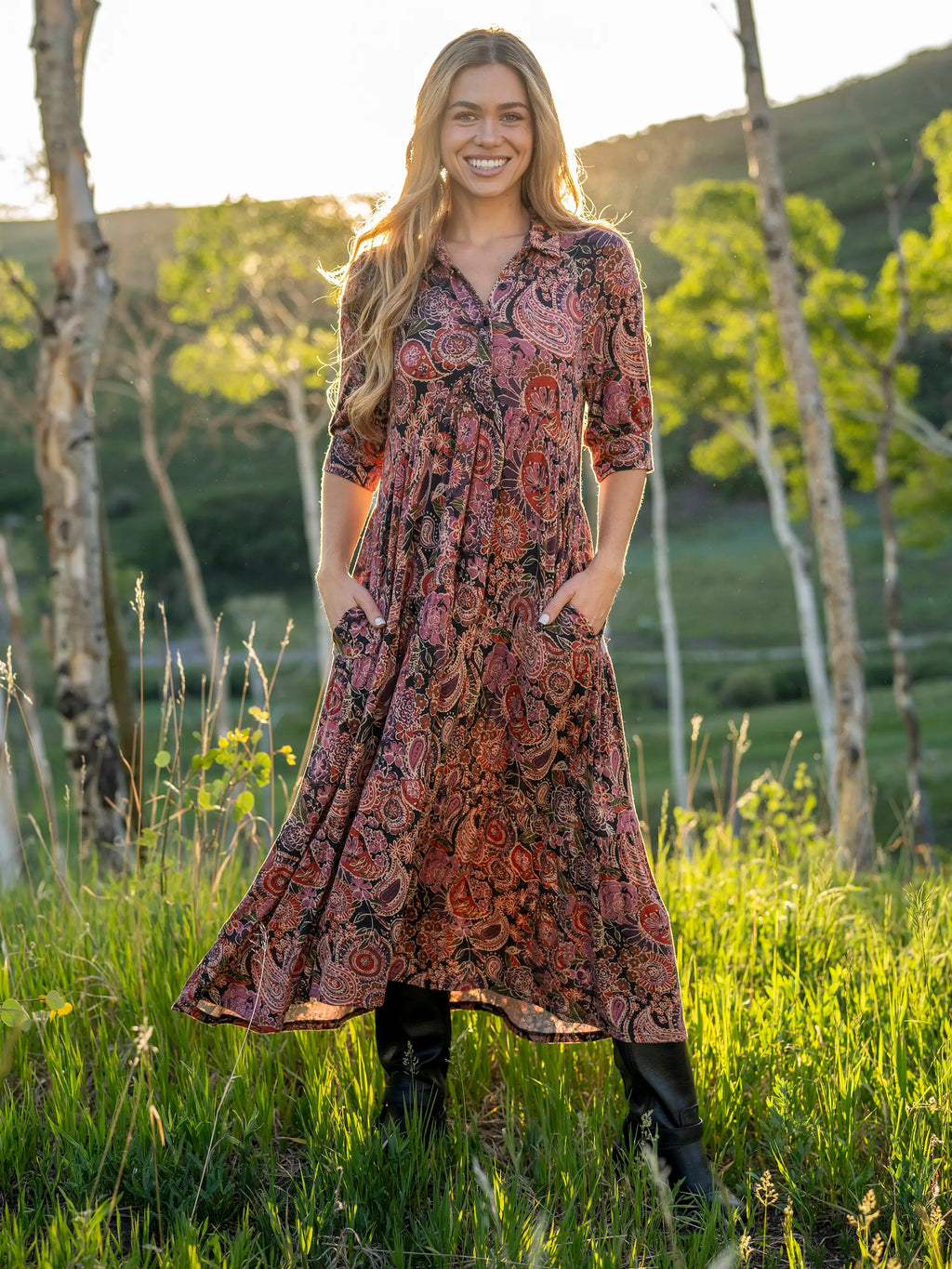Rebecca ButterSoft Midi Dress - Black Sketched Paisley