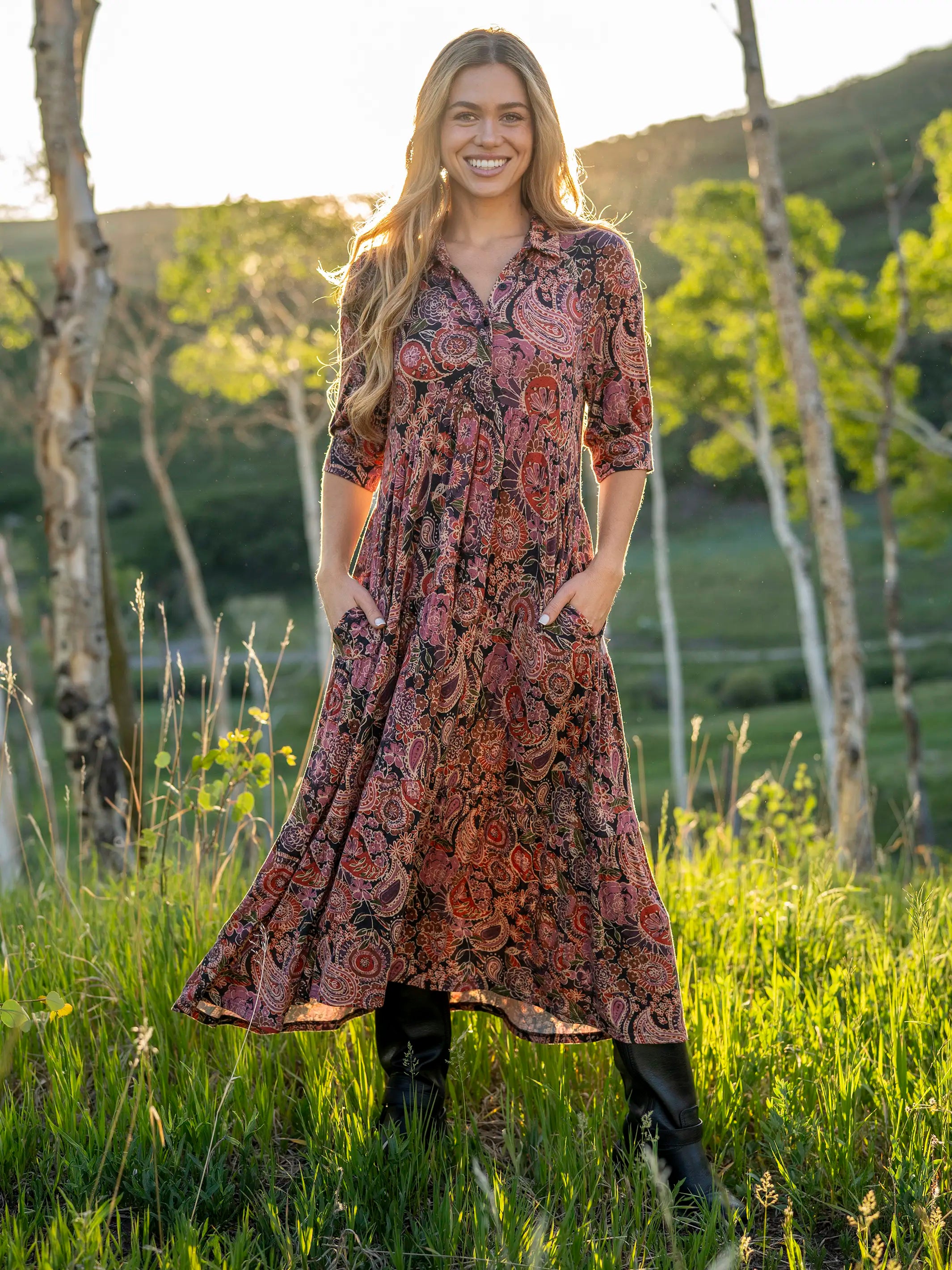 Rebecca ButterSoft Midi Dress - Black Sketched Paisley