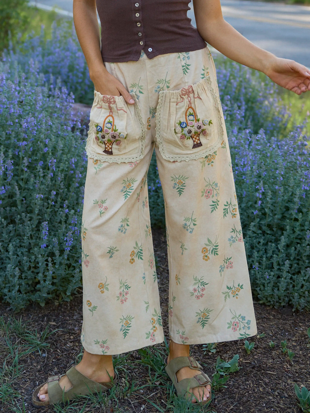 Brimfield Embroidered Cotton Pants - Cream Posies