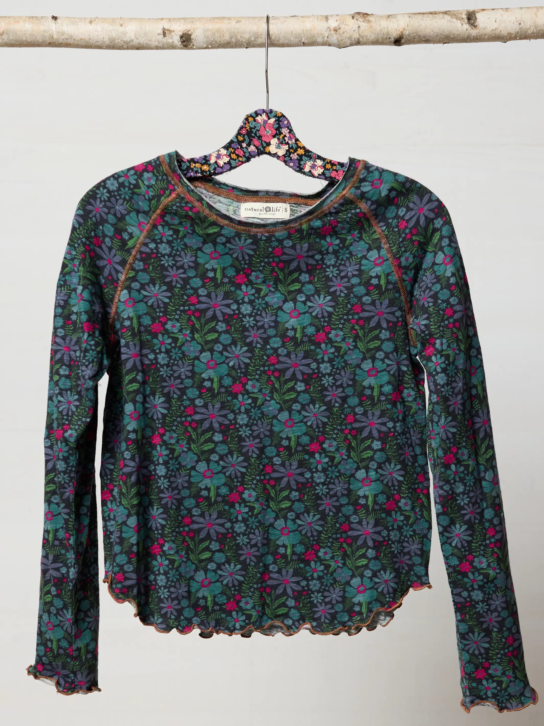 Lily Cotton Long Sleeve Tee Shirt - Dark Blue Garden