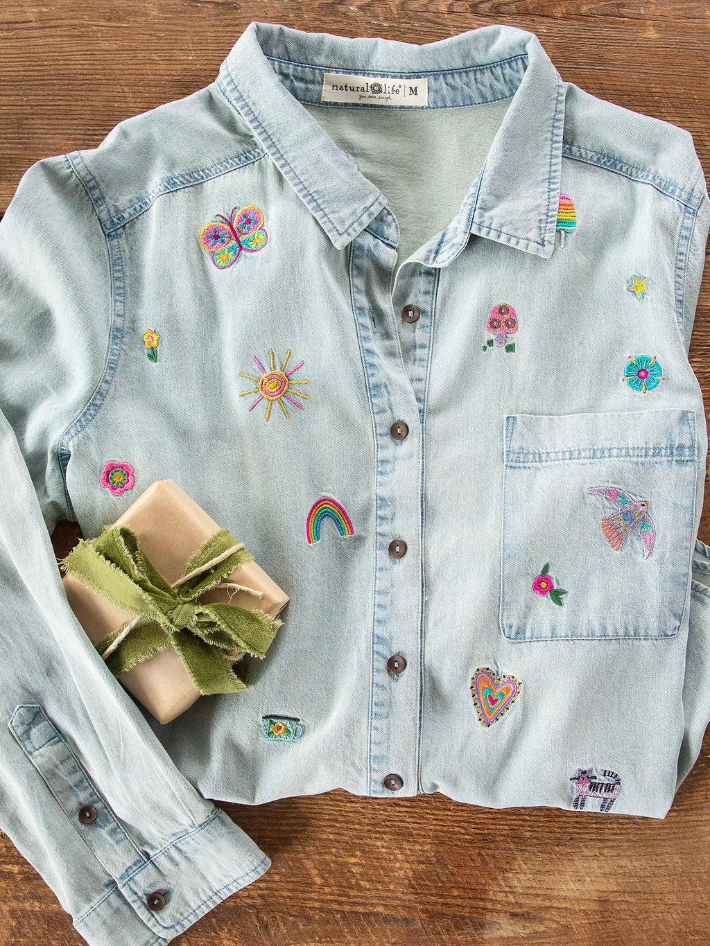 Fave Little Things Embroidered Shirt - Light Wash Denim