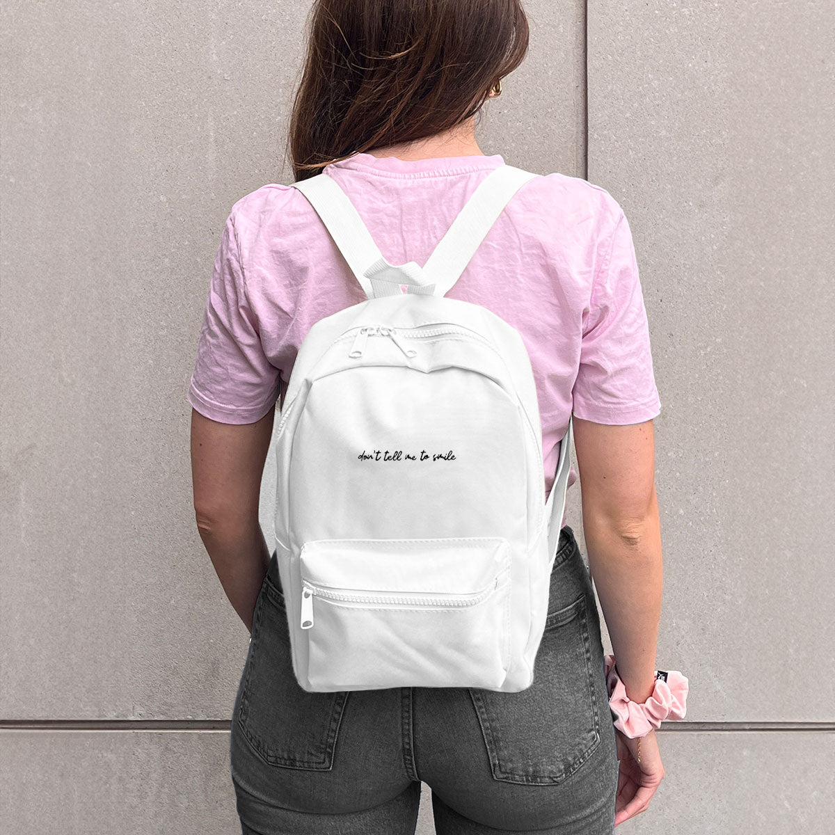 Don't Tell Me To Smile Embroidered Mini Backpack