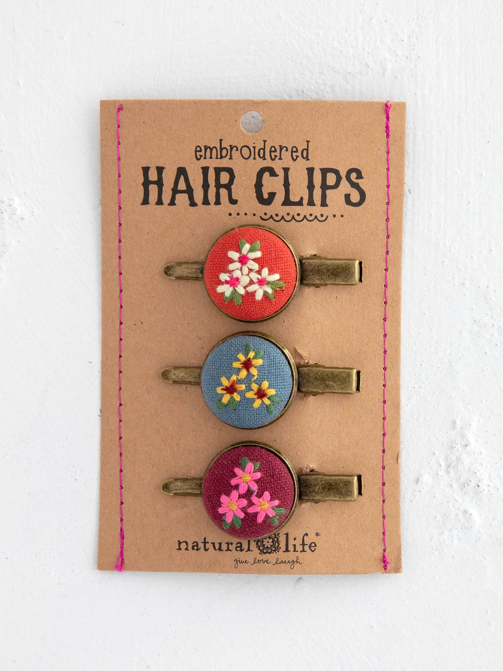 Embroidered Button Hair Clips, Set of 3