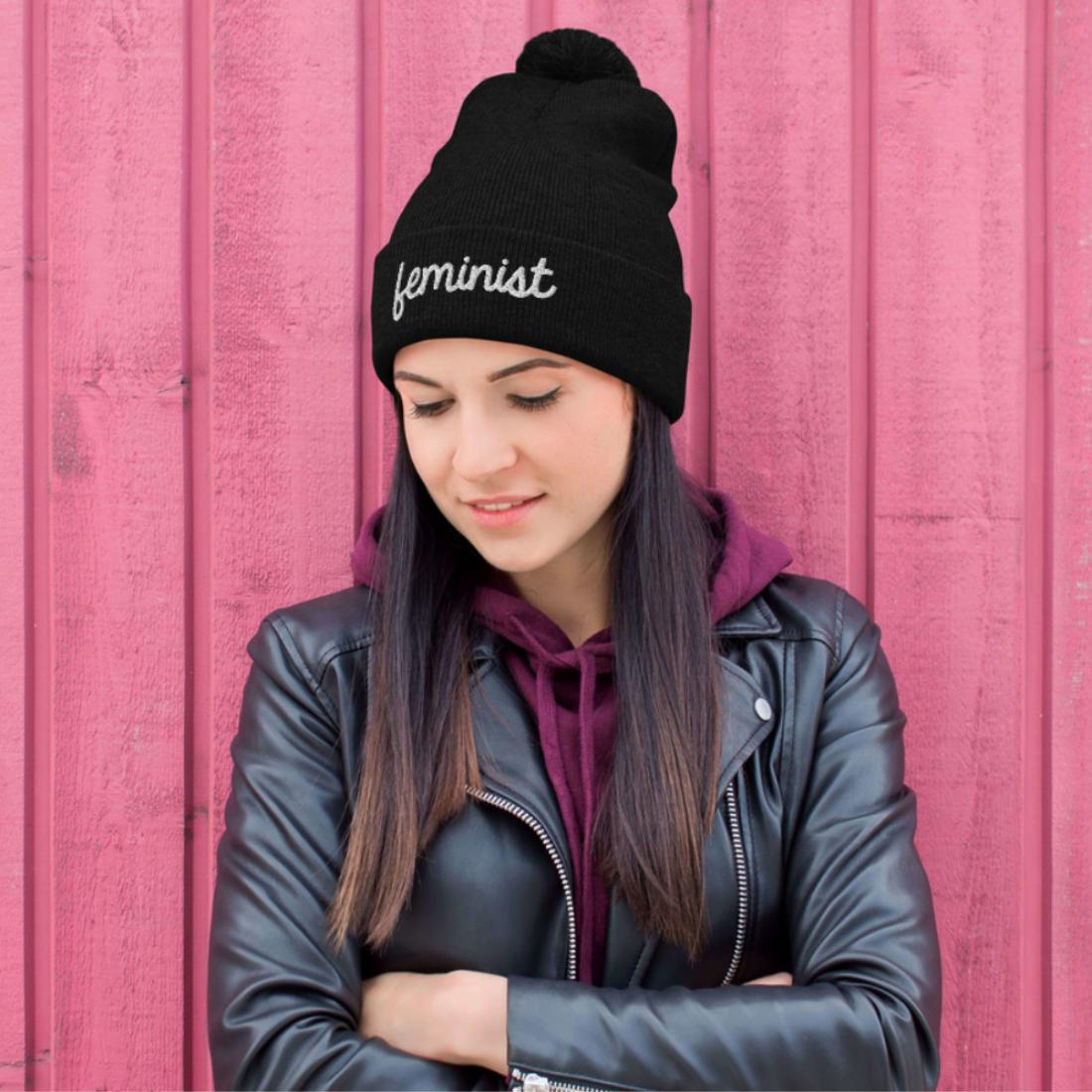 Feminist Embroidered Pom Pom Beanie Hat