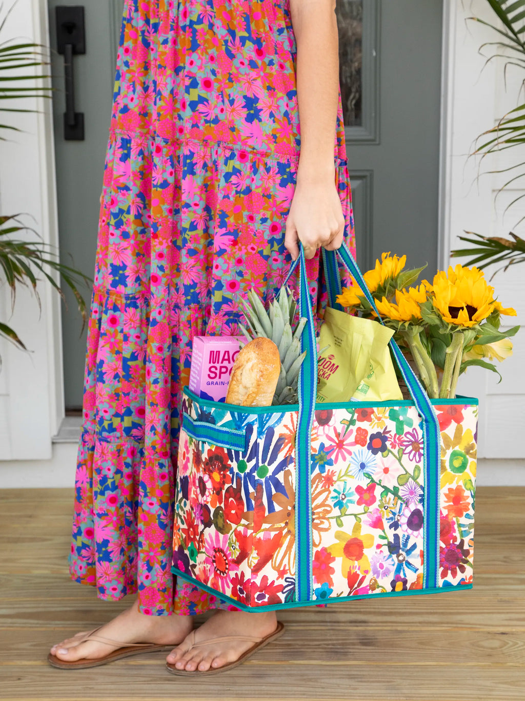 Heavy Duty Grocery & Go Bags, Set of 2 - Bright Floral Garden