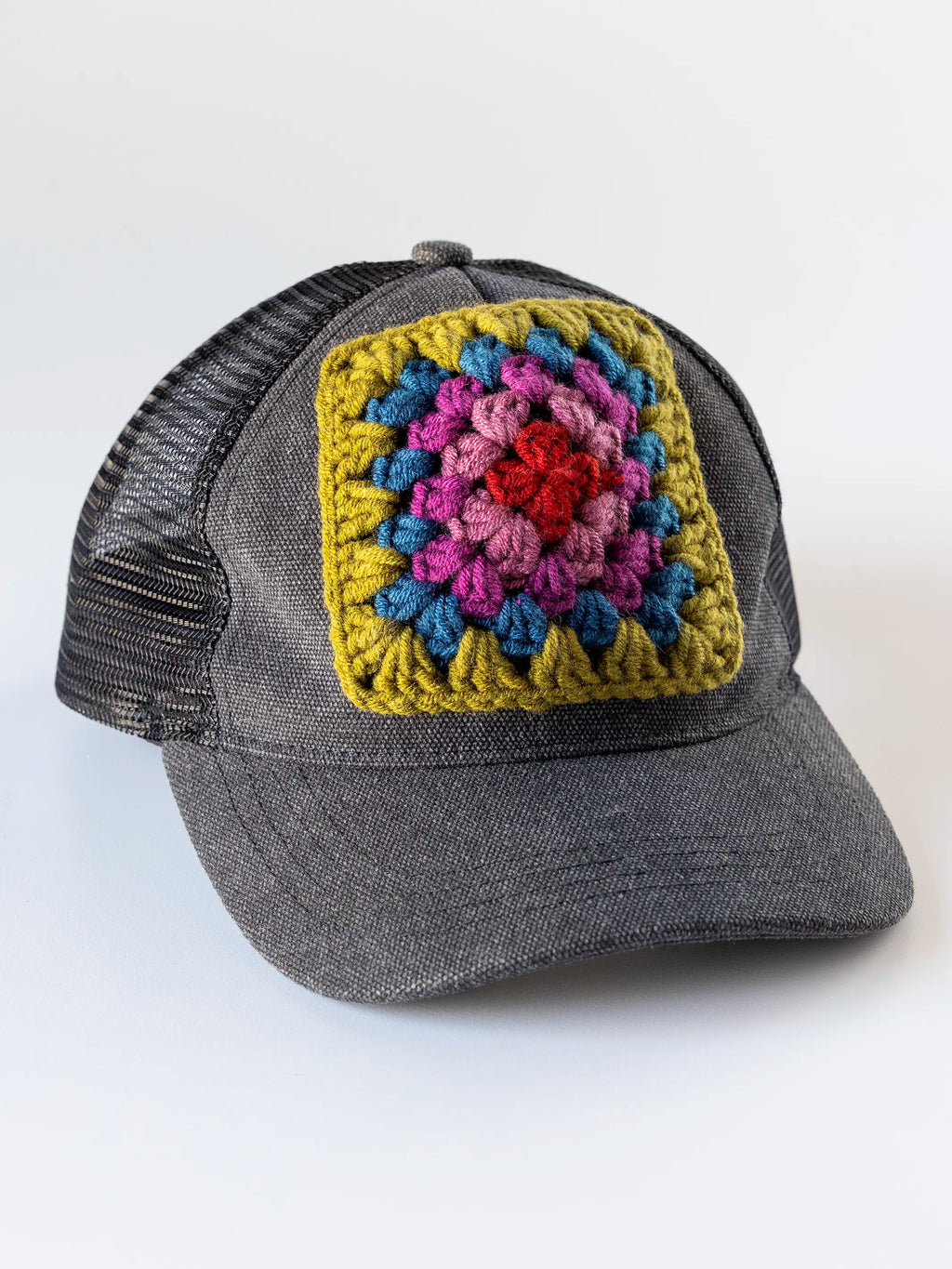 Granny Square Trucker Hat - Charcoal