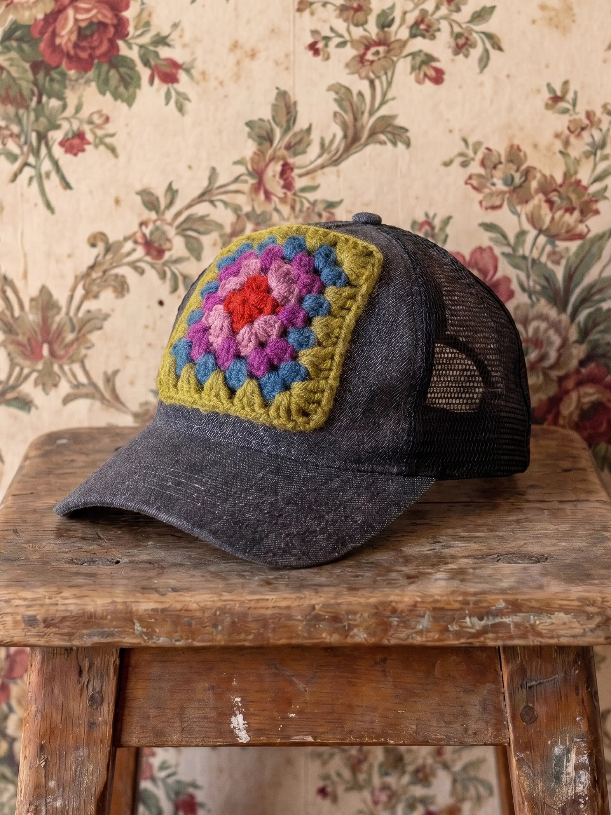 Granny Square Trucker Hat - Charcoal