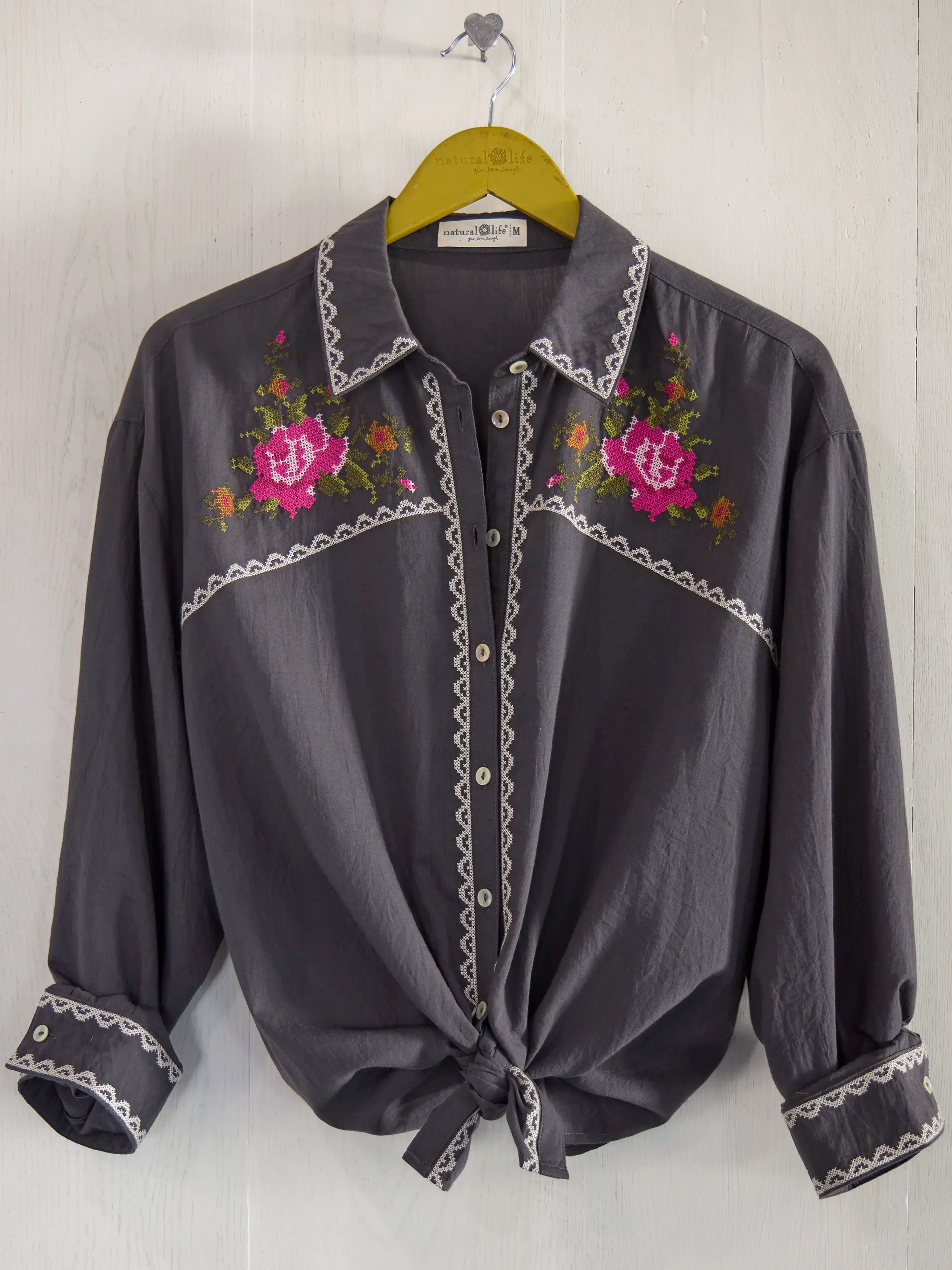 Round Top Embroidered Button Down - Charcoal