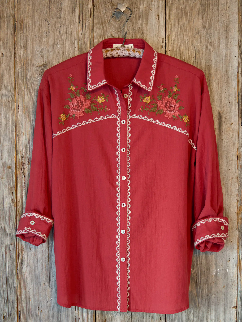 Round Top Embroidered Button Down - Red Clay