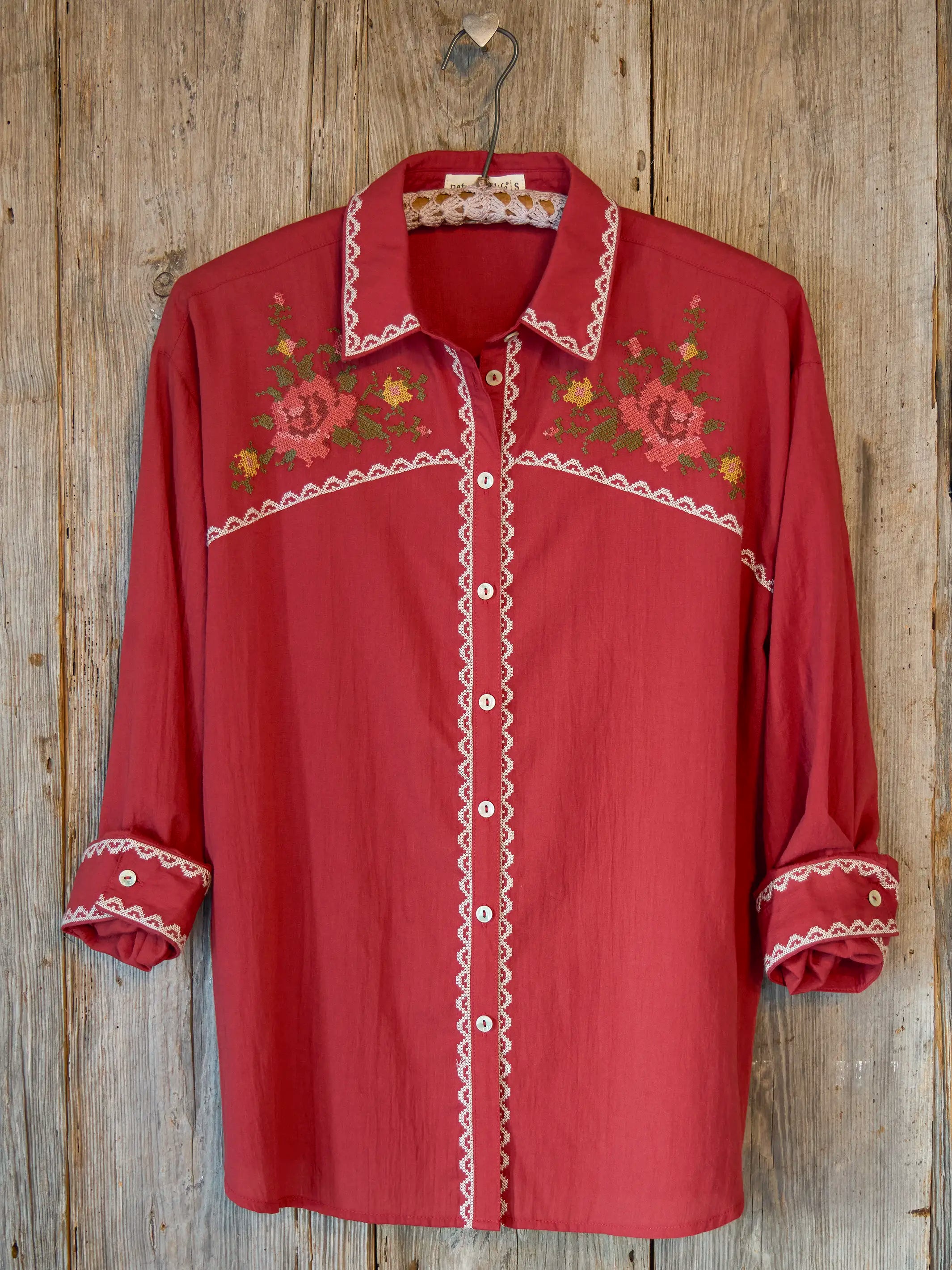 Round Top Embroidered Button Down - Red Clay