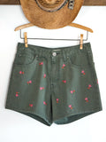 Embroidered Cotton Denim Shorts - Army Green