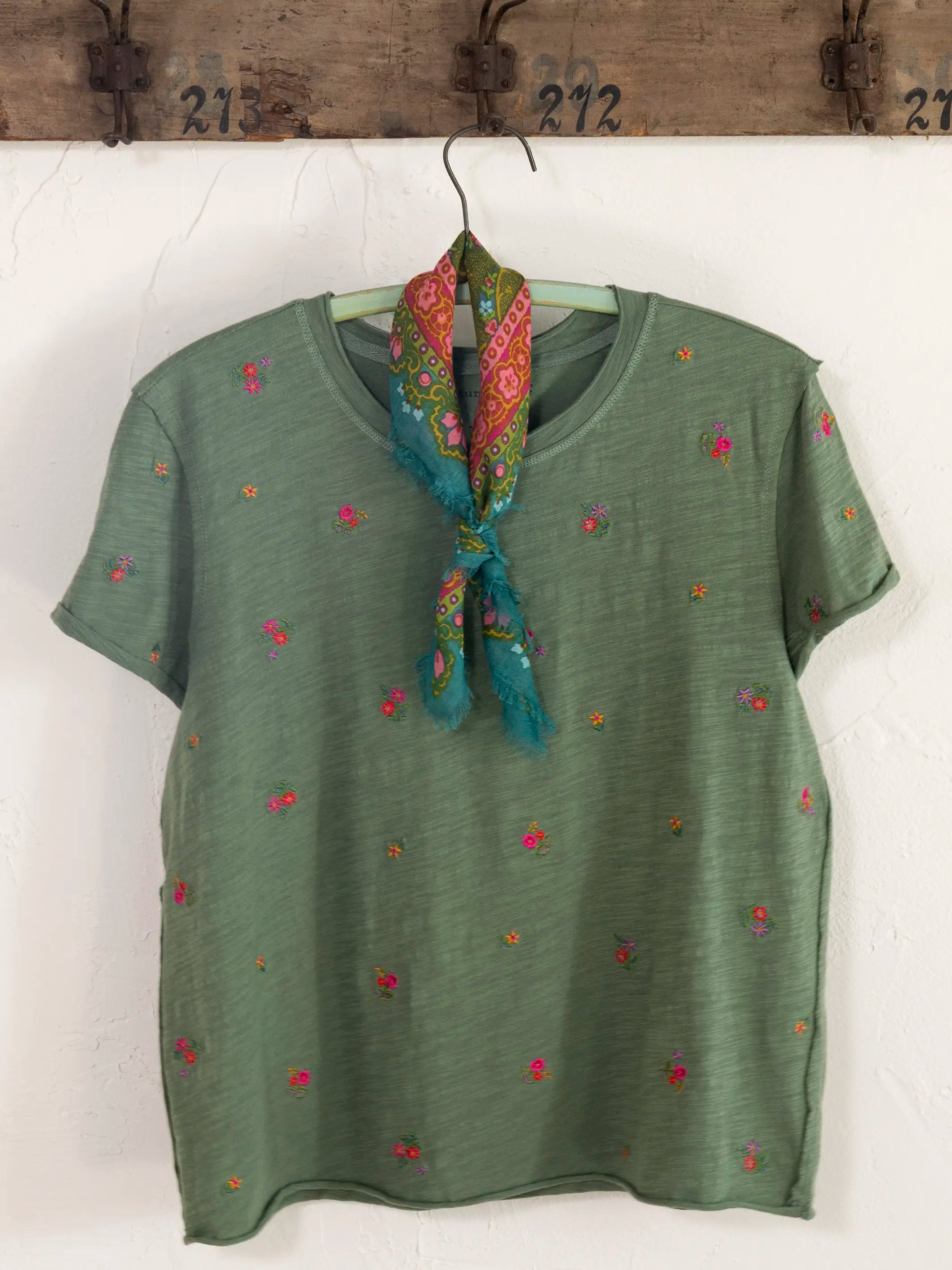 Aiden Embroidered Cotton Tee - Olive Flowers