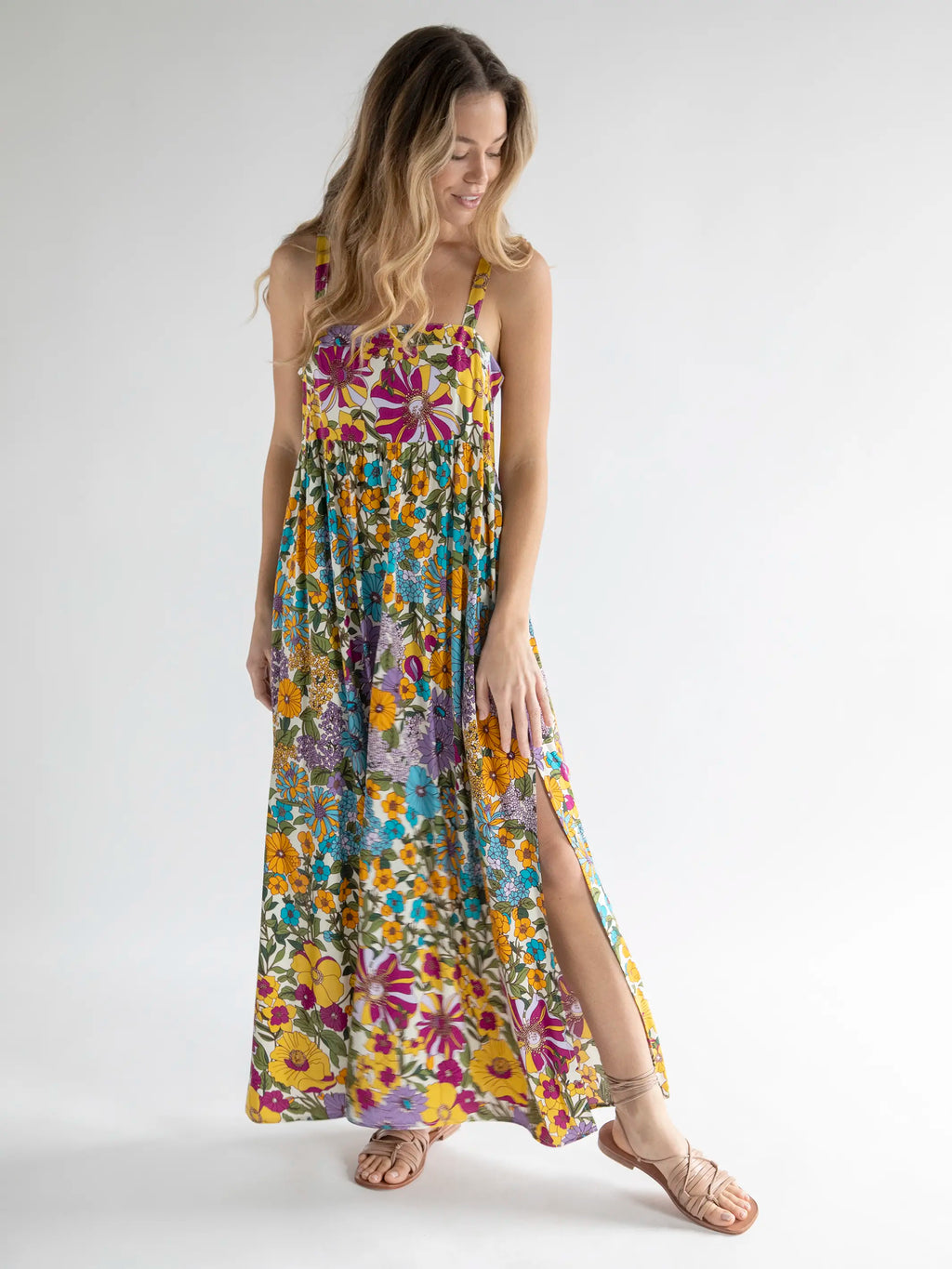 Patti Side Slit Maxi Dress - Multicolored Retro Floral