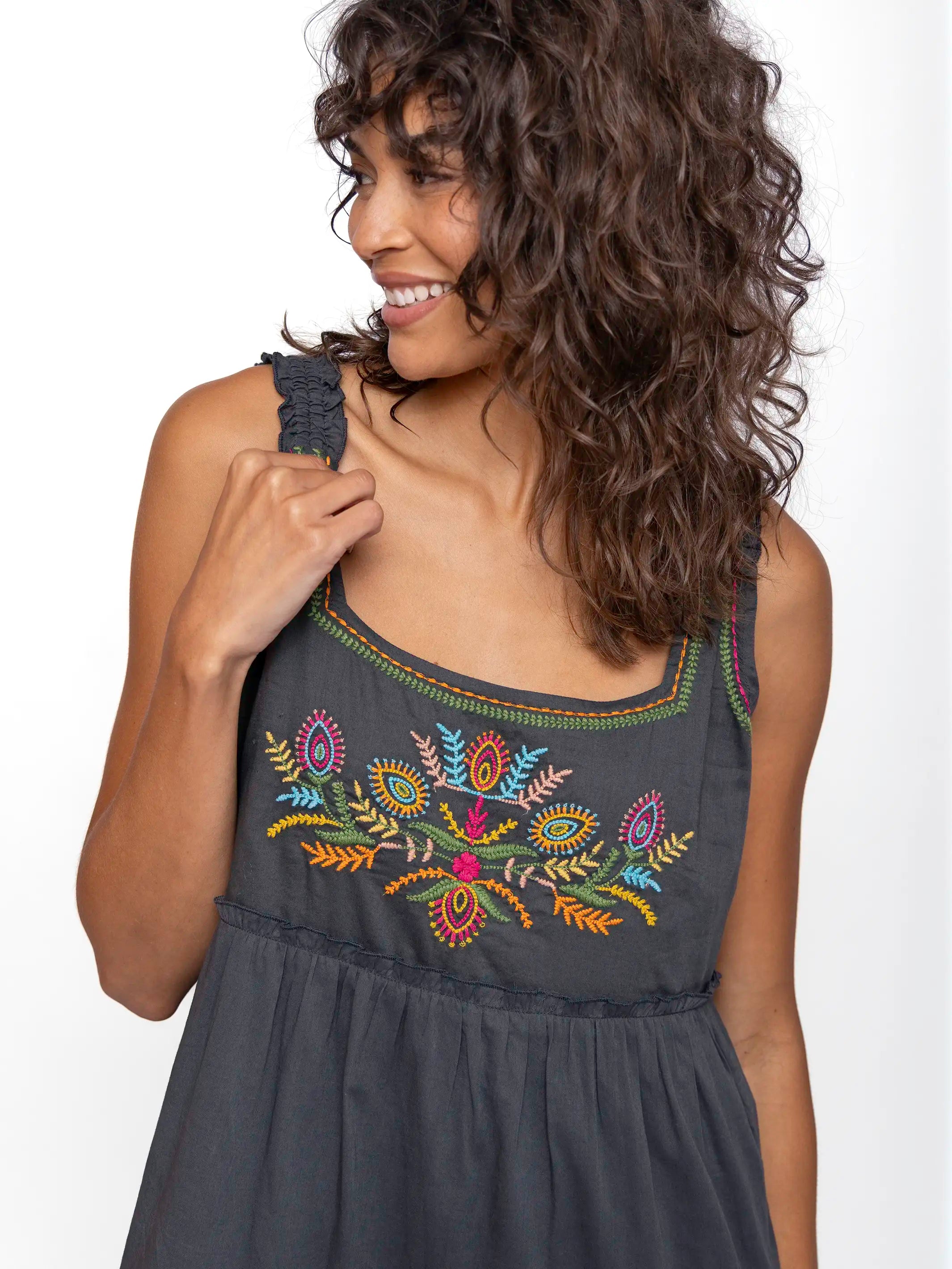 Adele Embroidered Cotton Maxi Dress - Charcoal