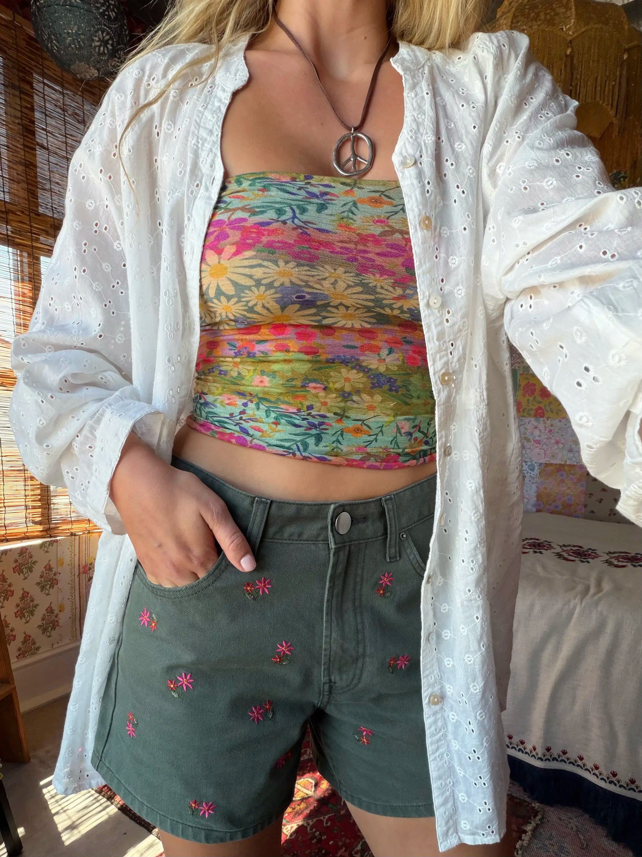 Embroidered Cotton Denim Shorts - Army Green