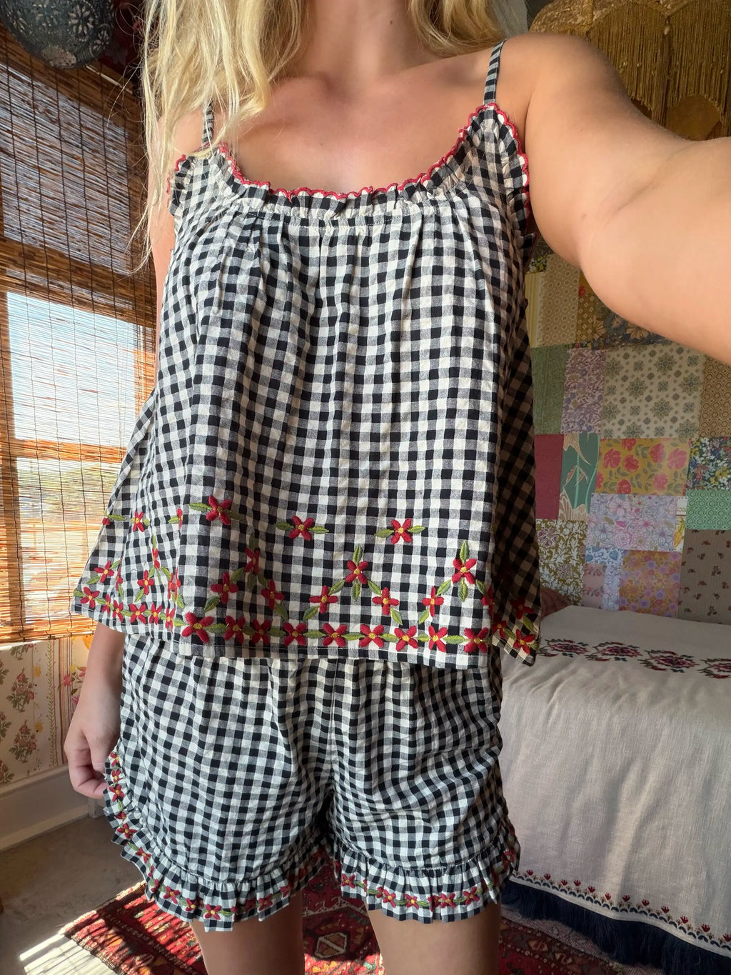 Get Up & Go Embroidered Cotton Shorts - Black Gingham