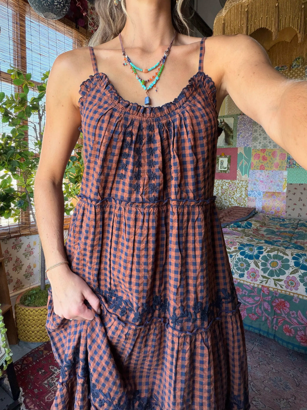 Harley Embroidered Cotton Midi Dress - Rust Gingham