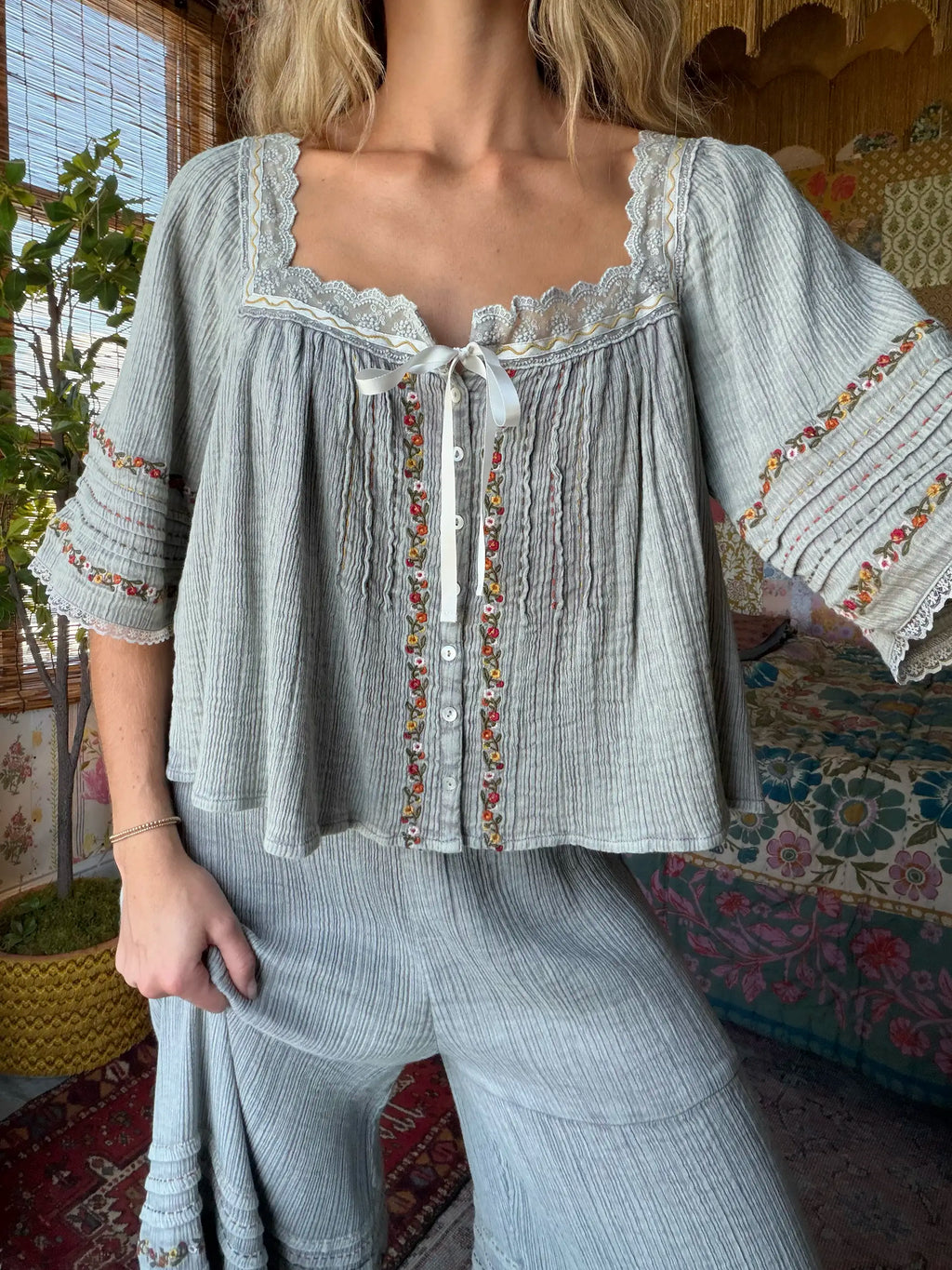 Prettiest Embroidered Cotton Lace Blouse - Light Grey