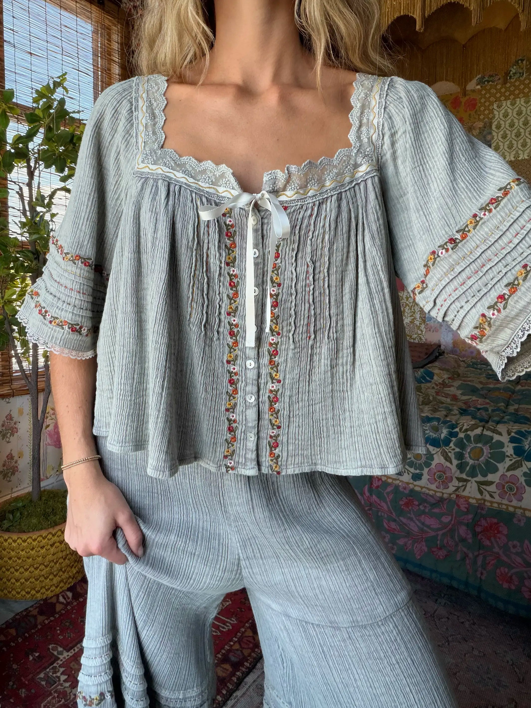 Prettiest Embroidered Cotton Lace Blouse - Light Grey
