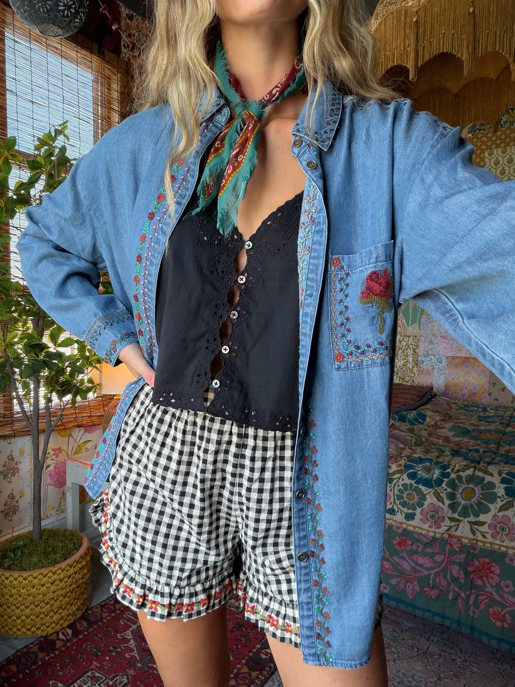 Get Up & Go Embroidered Cotton Shorts - Black Gingham