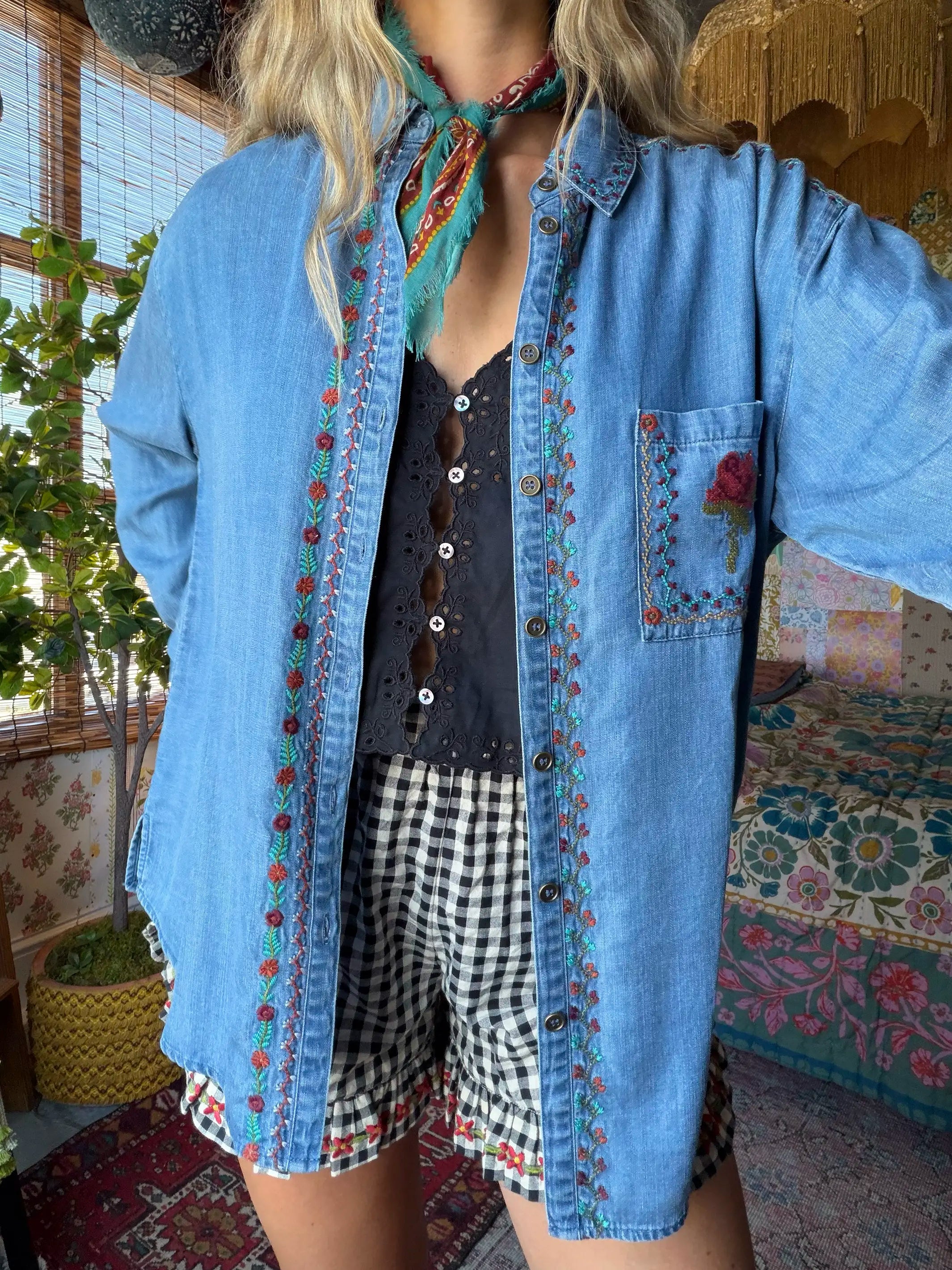 Dutton Embroidered Button Down - Denim