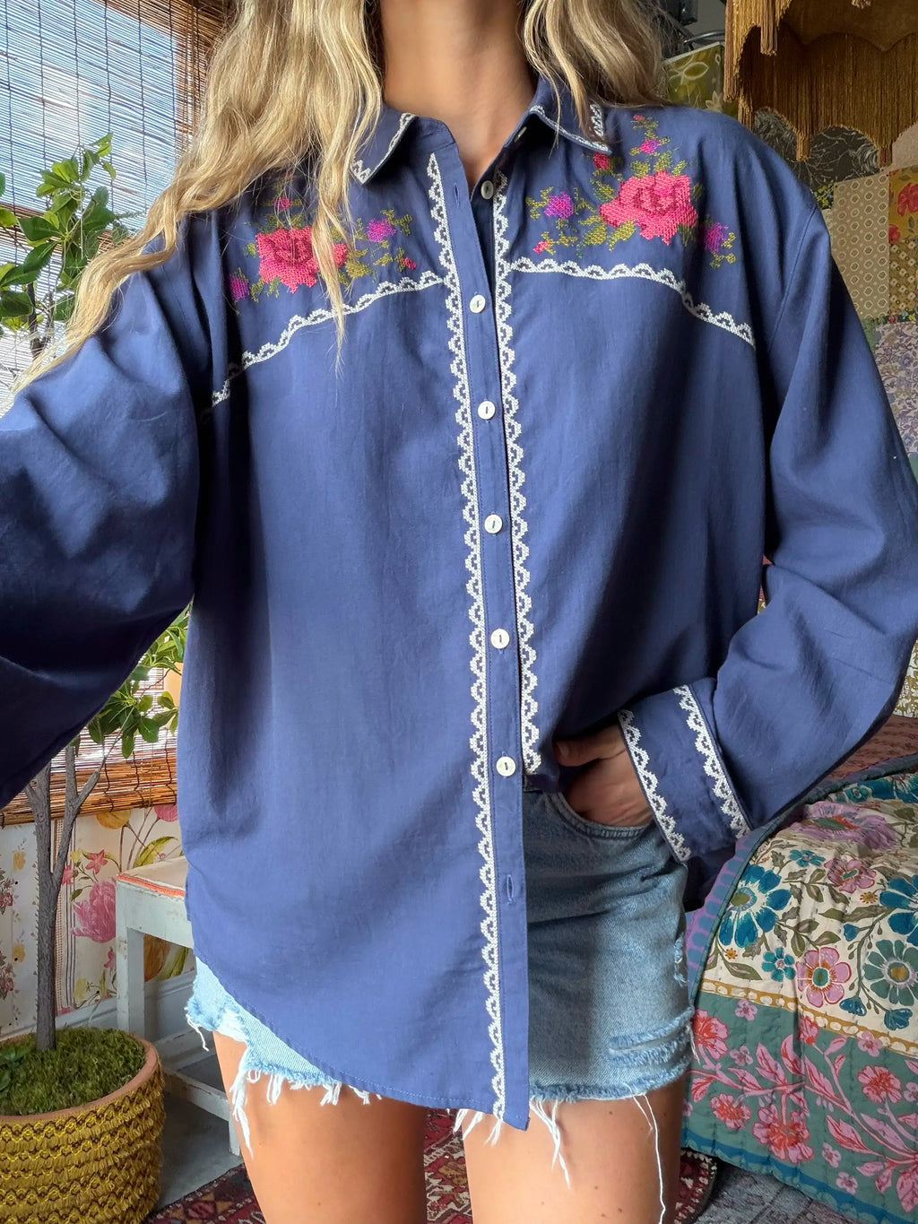 Round Top Embroidered Button Down - Indigo