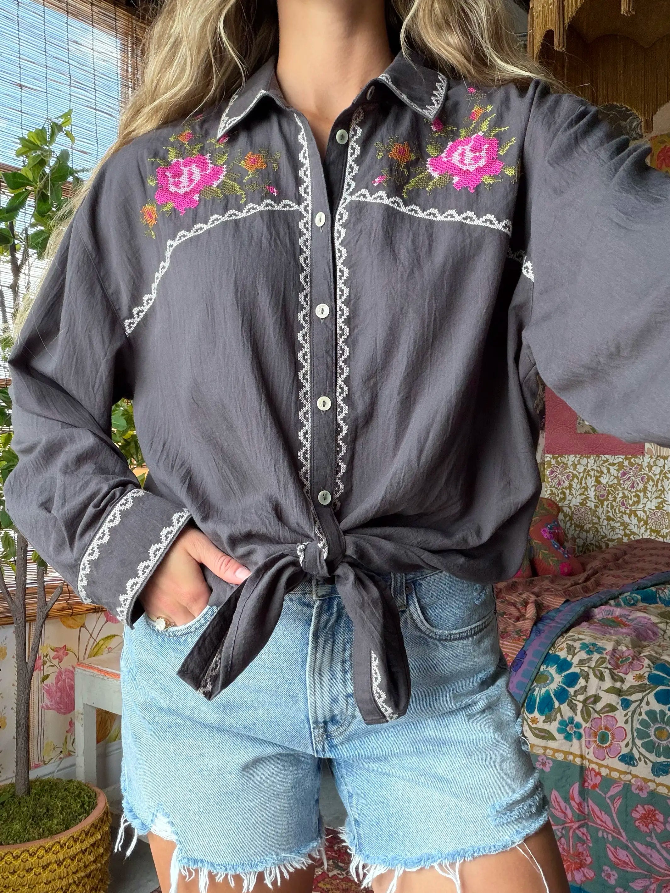 Round Top Embroidered Button Down - Charcoal