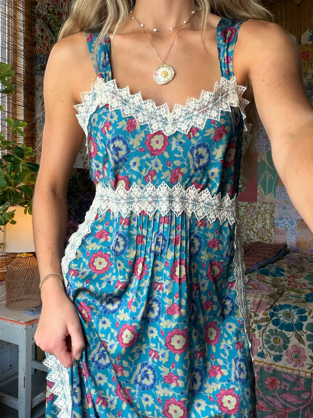 Tennessee Lace Trim Maxi Dress - Peony Block Teal