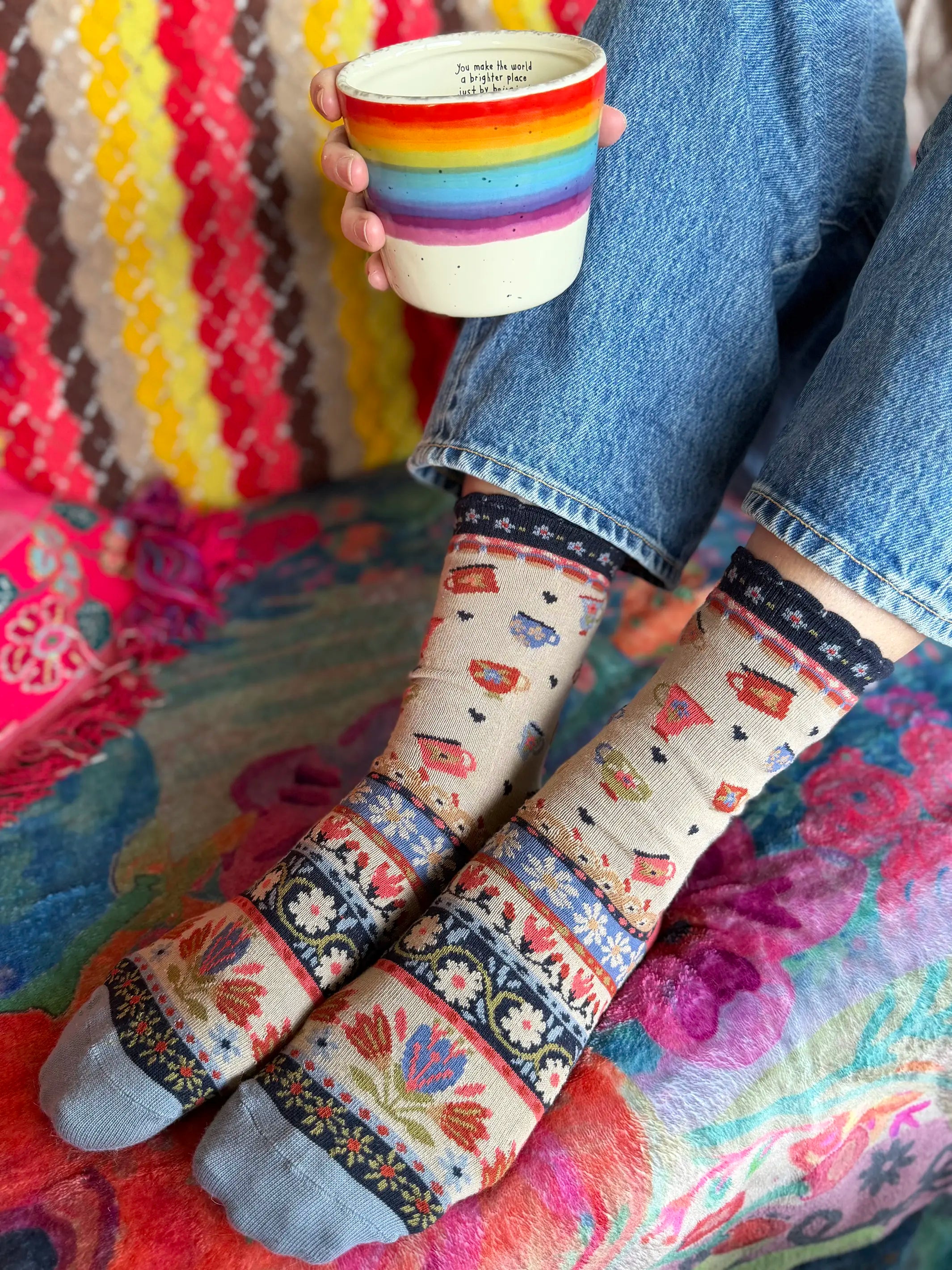 Boxed Boho Sock Set, Set of 3 - Purple Coffee Cups