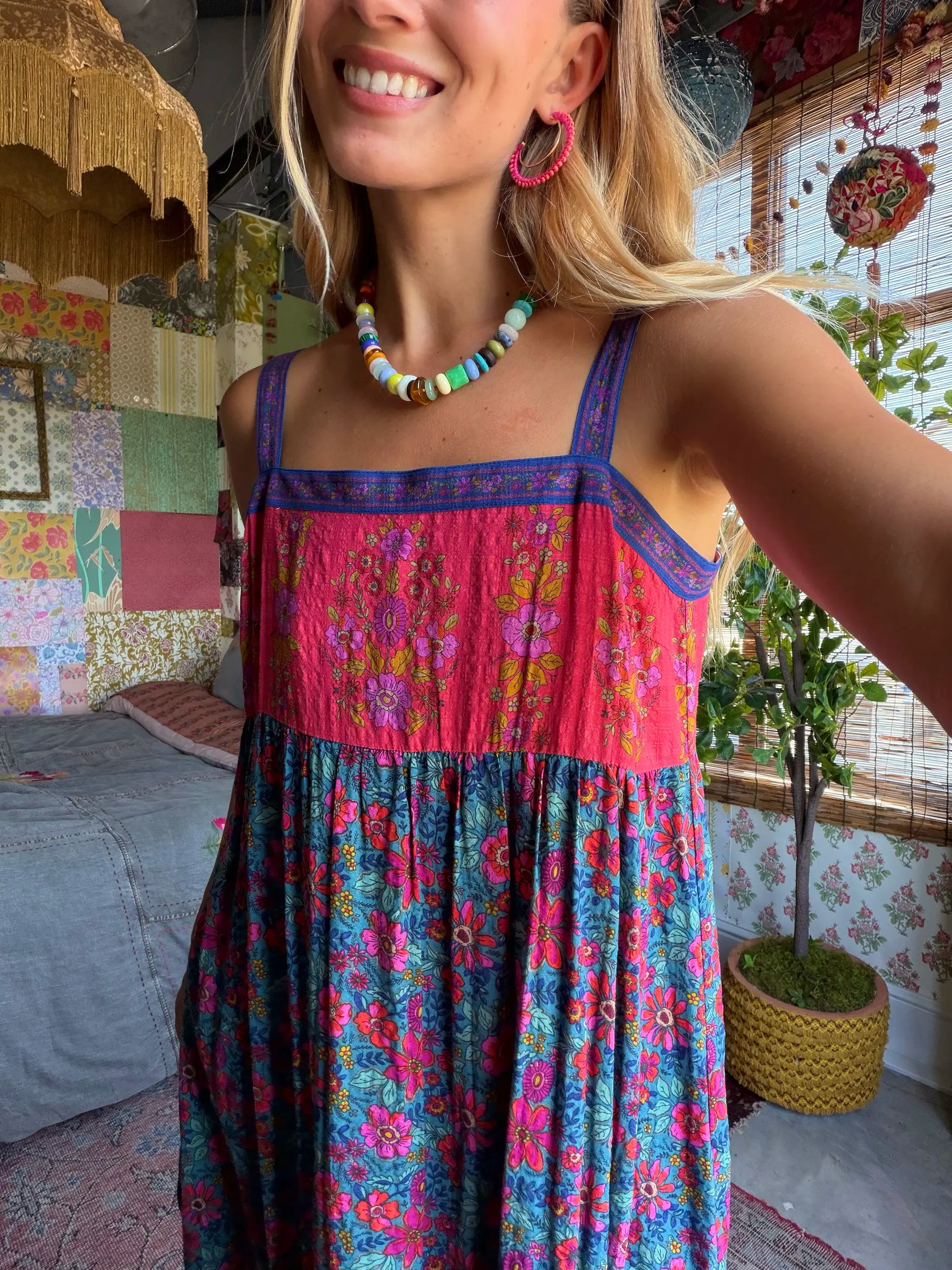 Patti Side Slit Maxi Dress - Teal Boho Border Scarf