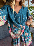 Maribel Top - Dark Teal Carnations
