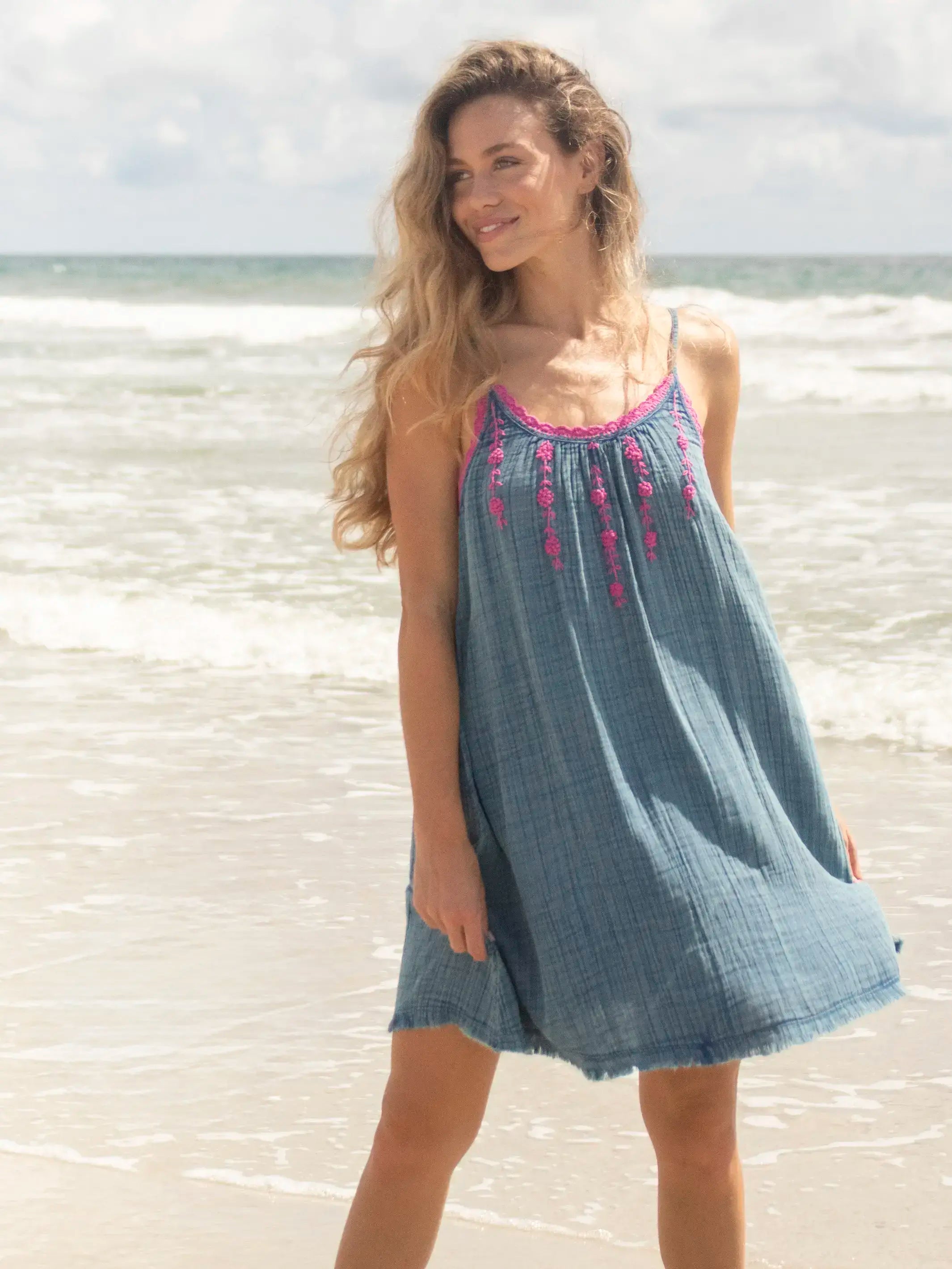 Coco Cotton Crochet Mini Dress - Blue