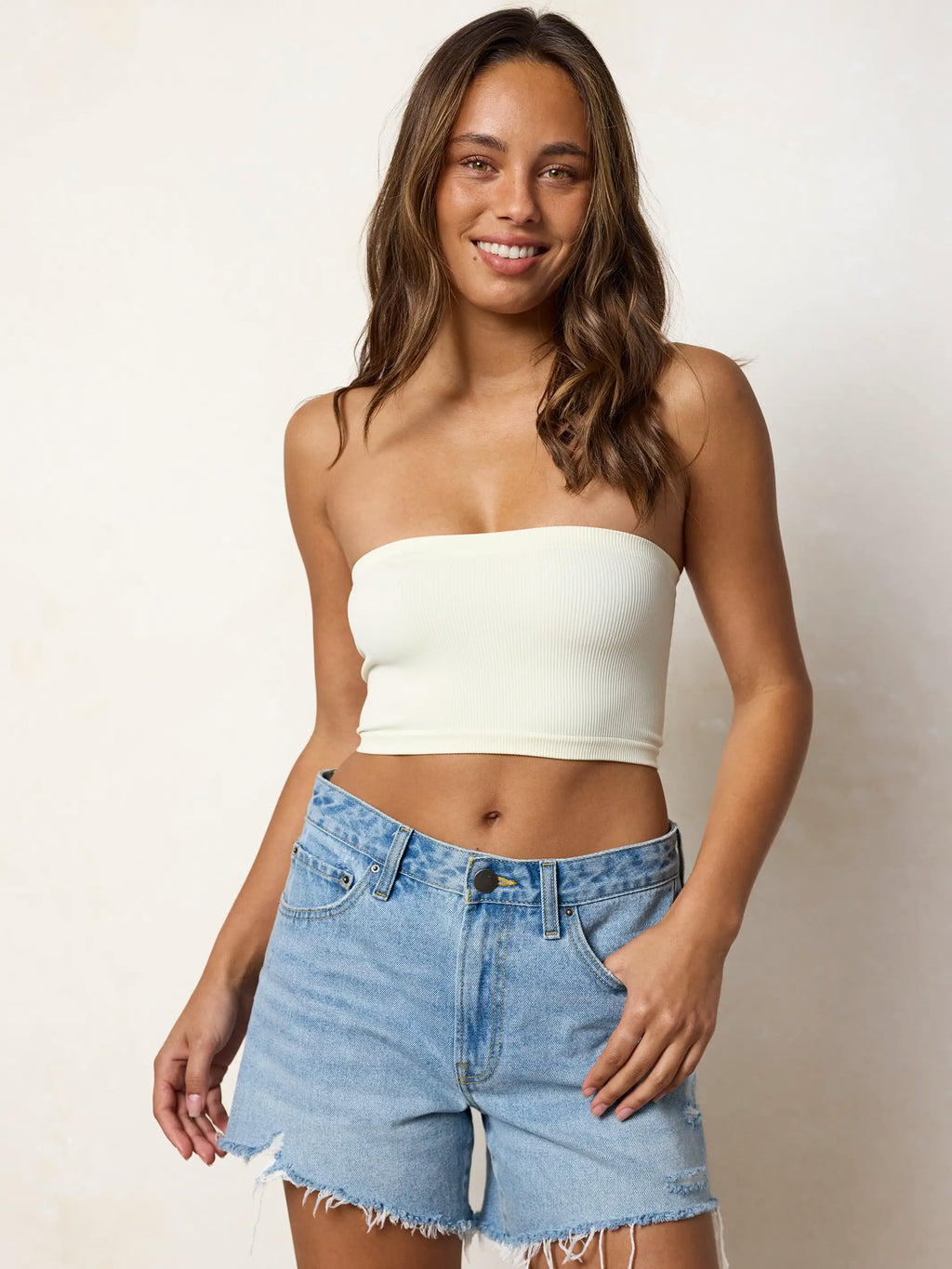 Seamless Ribbed Bandeau Top - Ivory