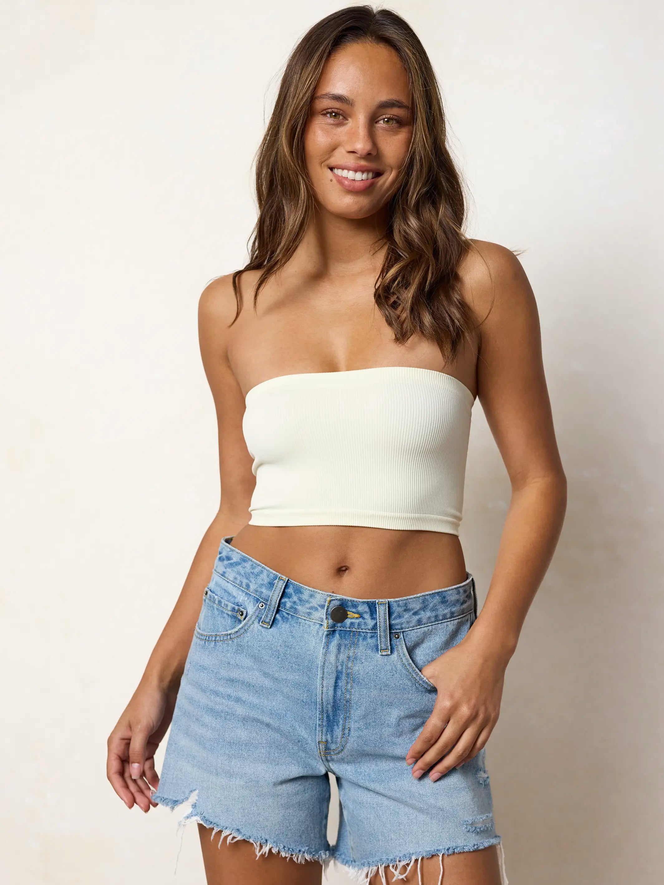 Seamless Ribbed Bandeau Top - Ivory