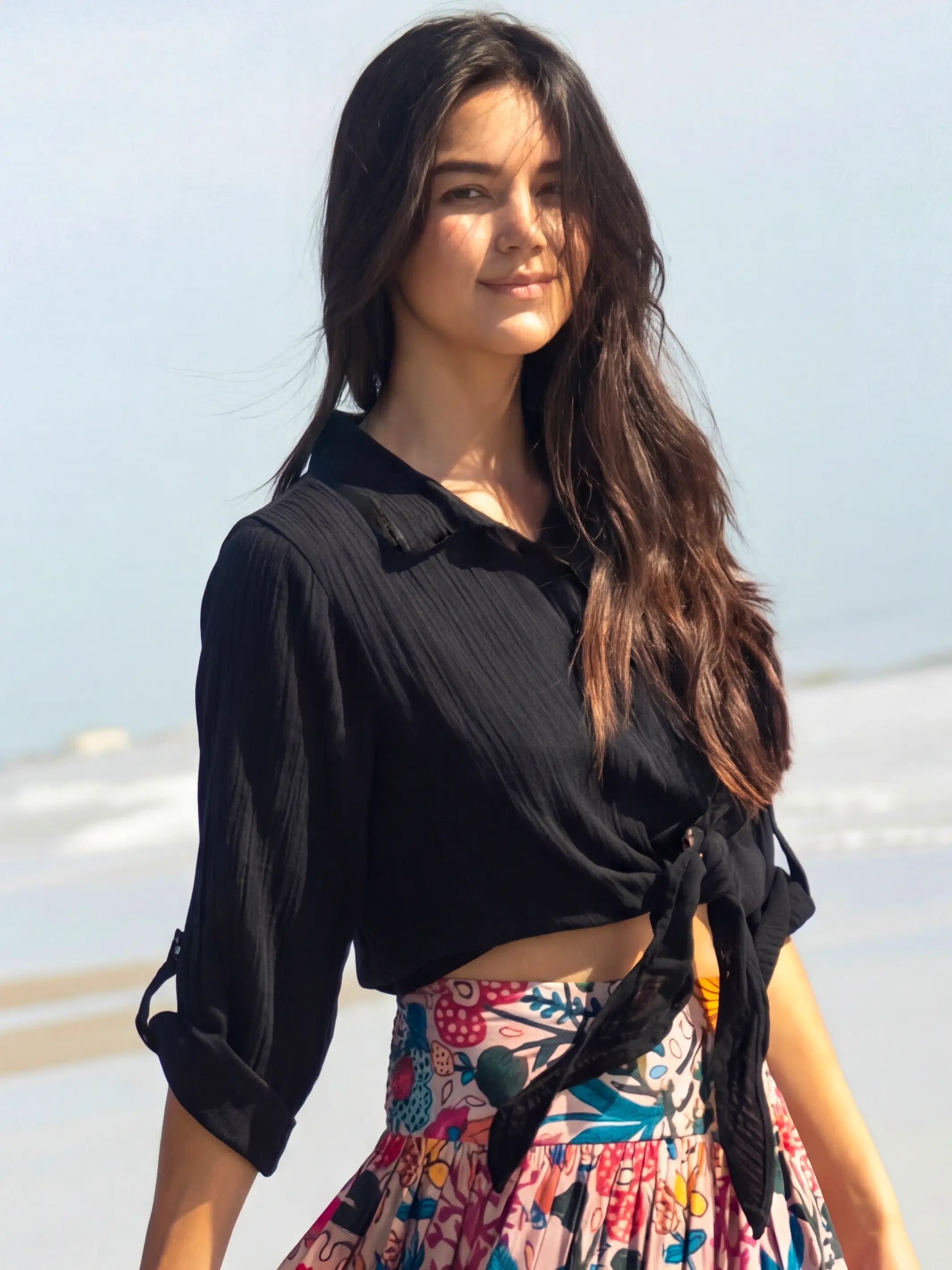 Lola Tie Cotton Button Down - Black