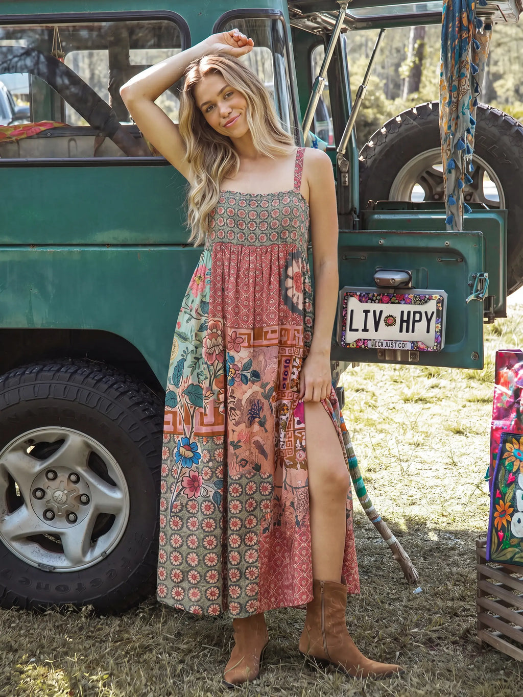 Patti Side Slit Cotton Maxi Dress - Patchwork Medallion Floral