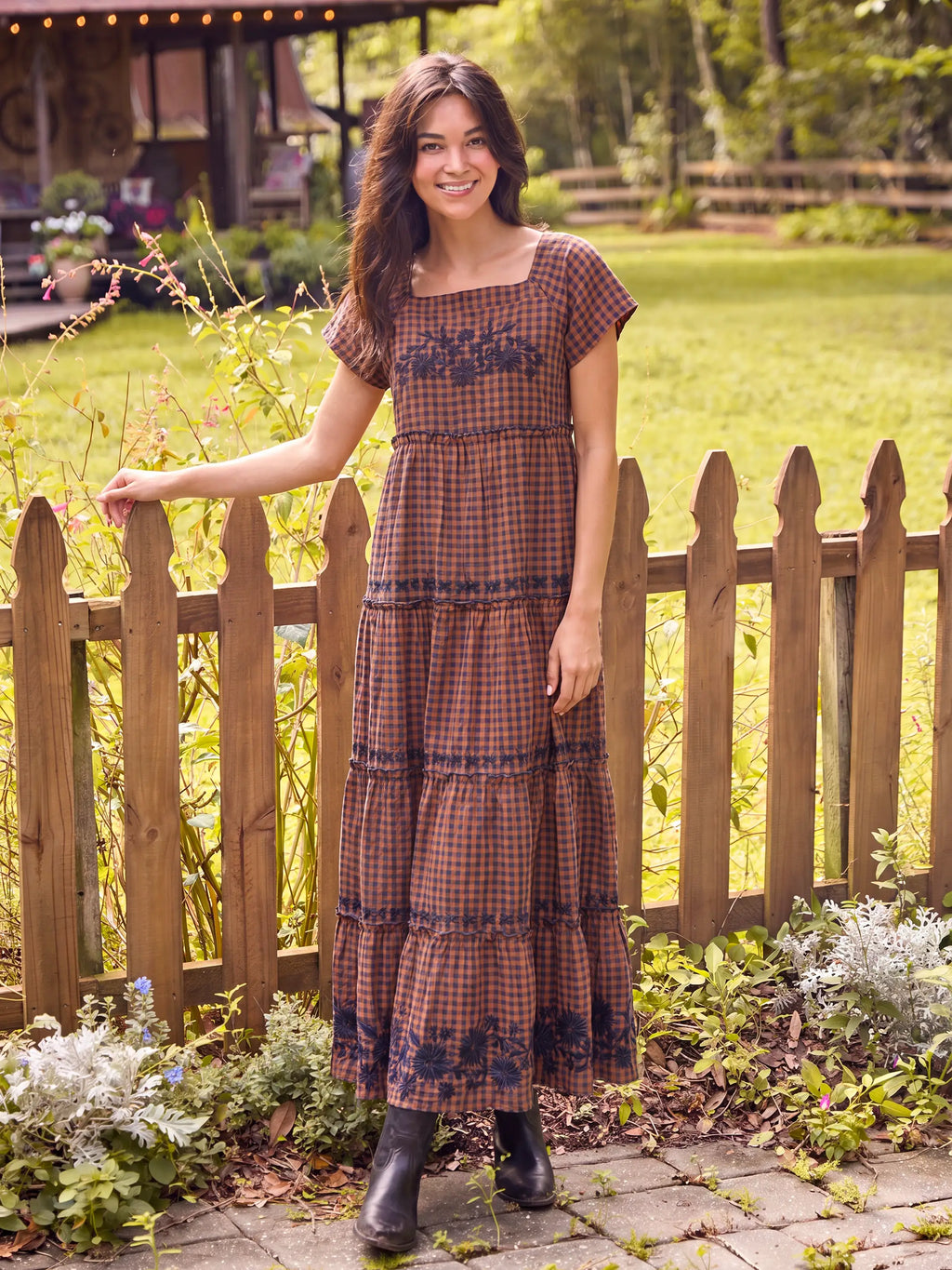Berkley Embroidered Cotton Maxi Dress - Rust Gingham