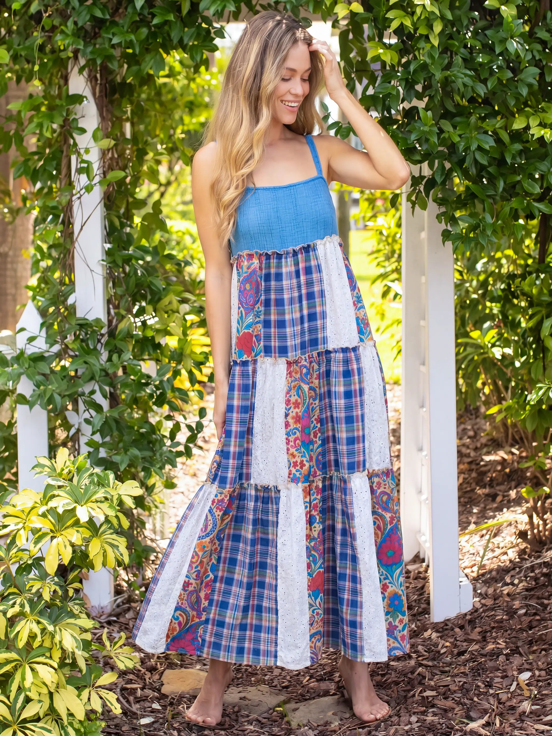 Patricia Patchwork Maxi Dress - Plaid Blue Fuchsia