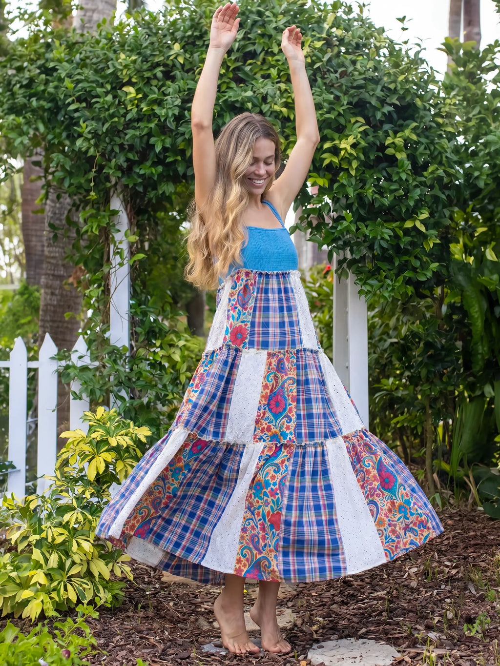 Patricia Patchwork Maxi Dress - Plaid Blue Fuchsia