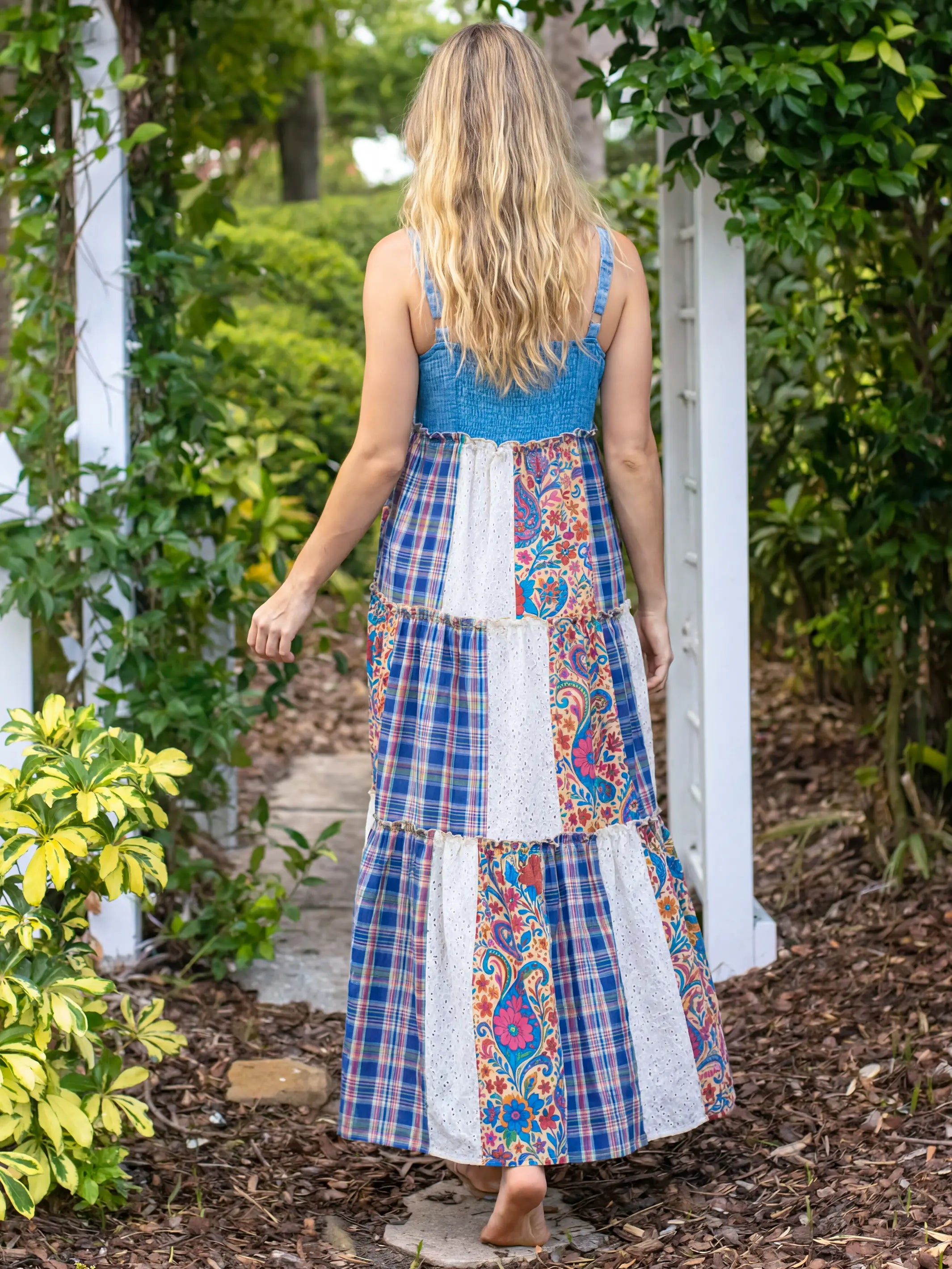 Patricia Patchwork Maxi Dress - Plaid Blue Fuchsia