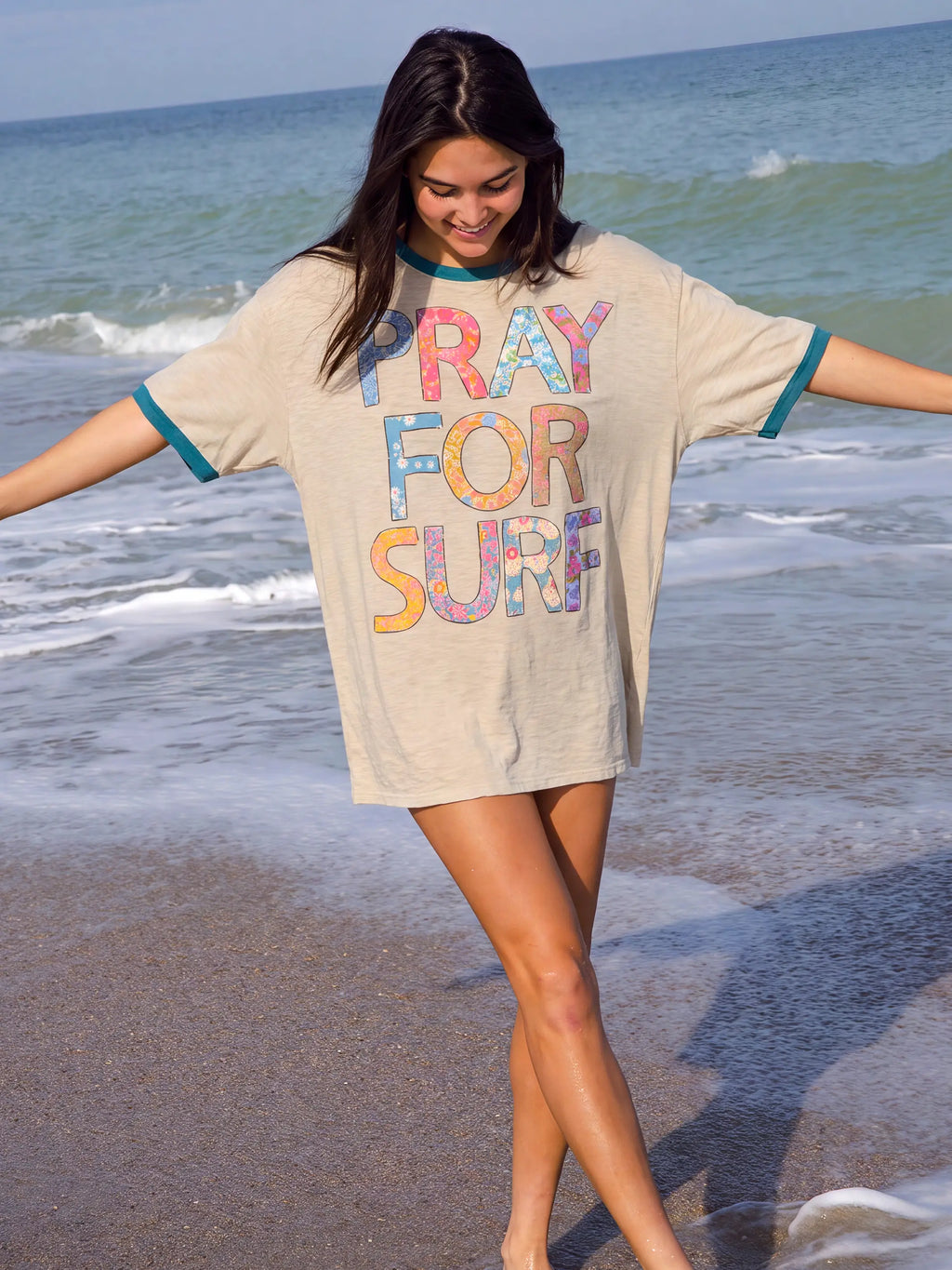 Ringer Oversized Tee Shirt - Pray For Surf