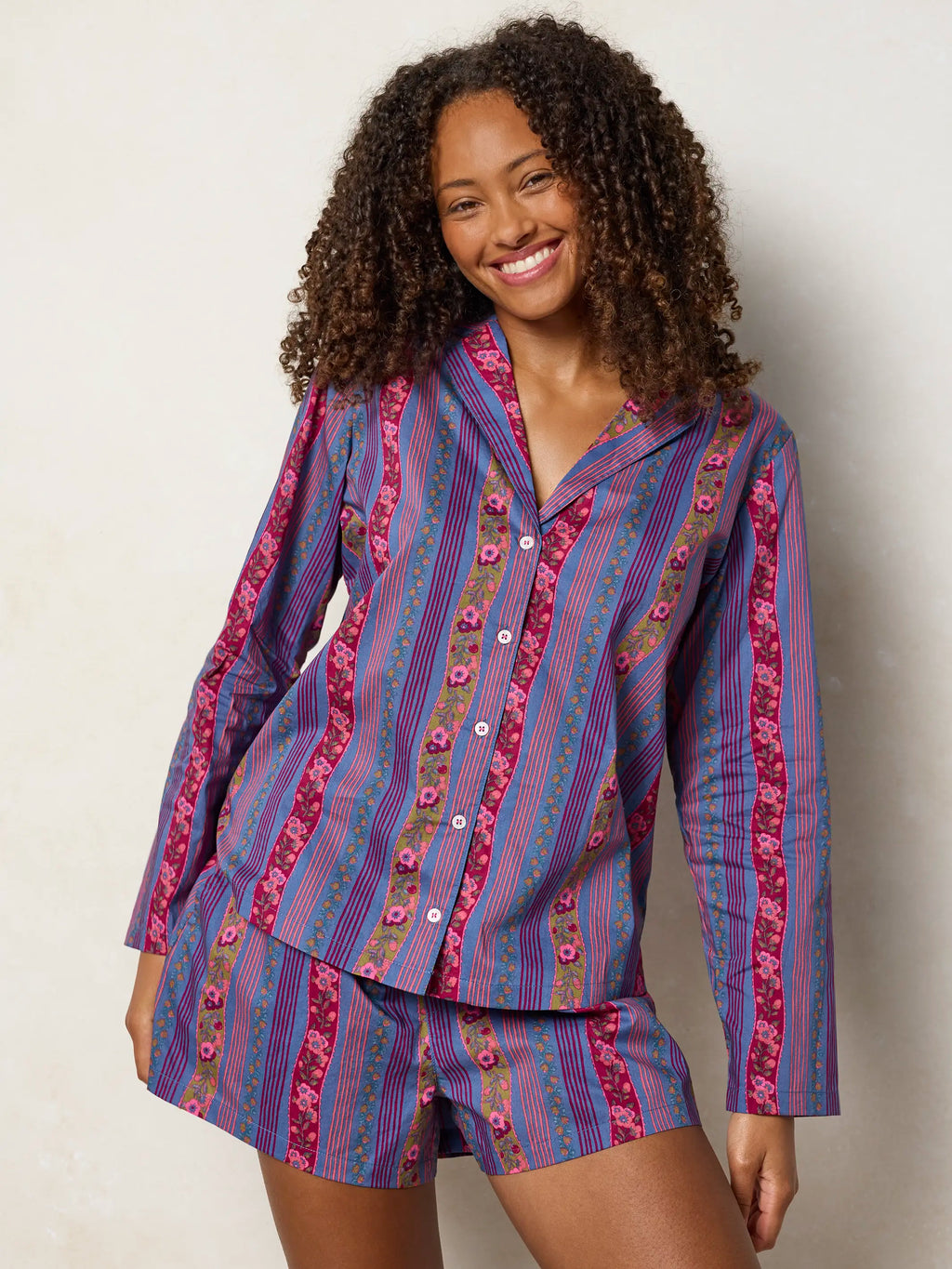 Mix & Match Cotton Long Sleeve Pajama Top - Retro Ribbons Navy