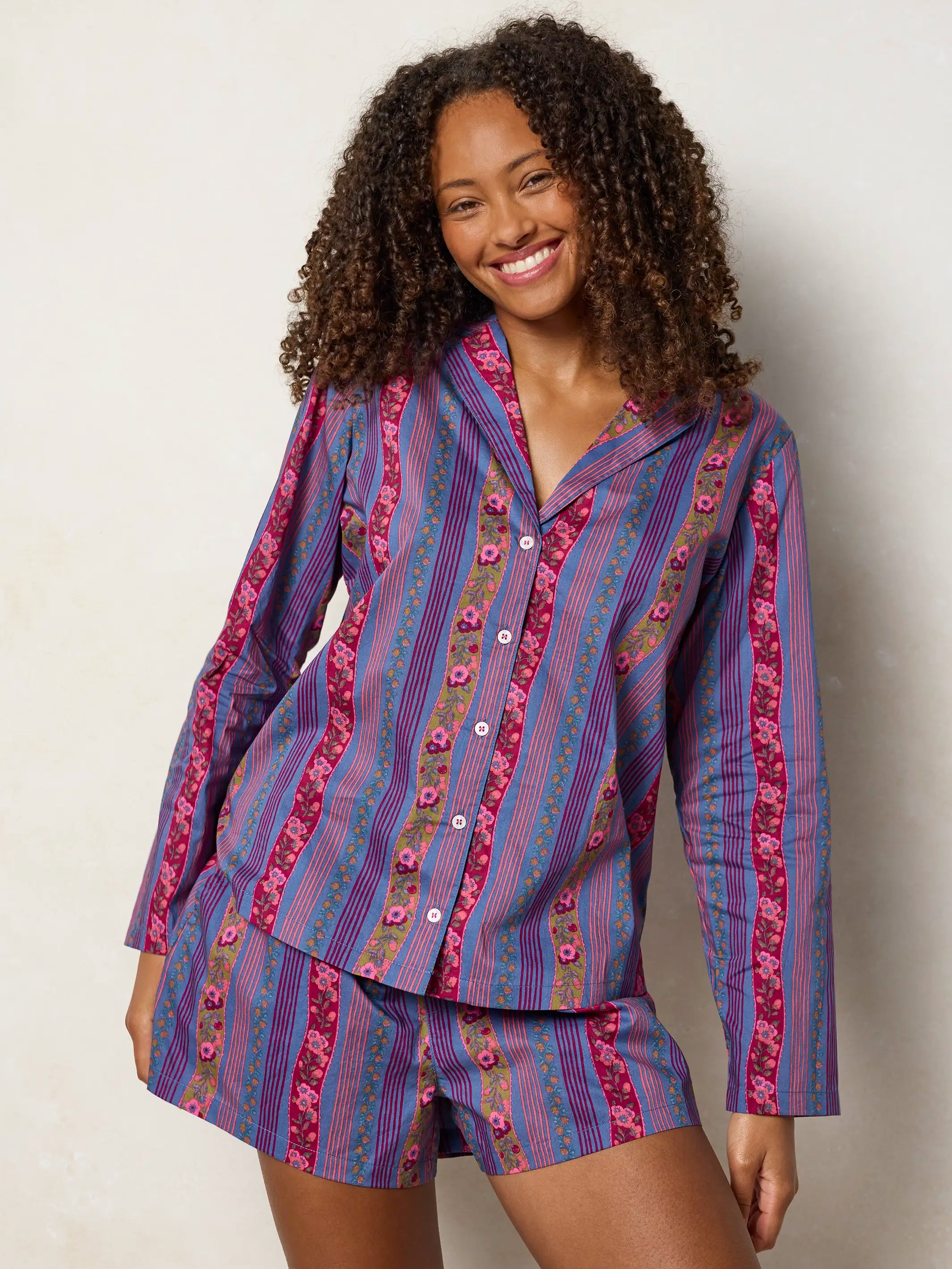 Mix & Match Cotton Long Sleeve Pajama Top - Retro Ribbons Navy