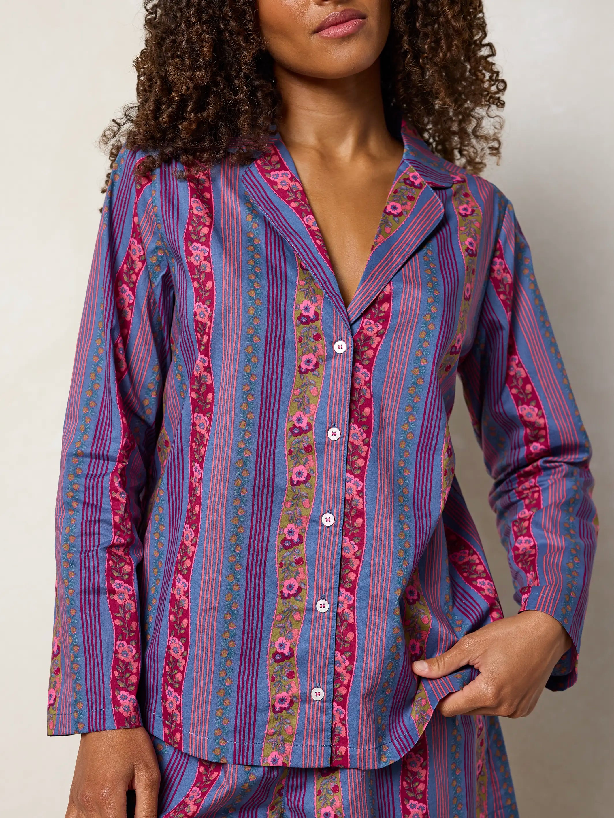 Mix & Match Cotton Long Sleeve Pajama Top - Retro Ribbons Navy