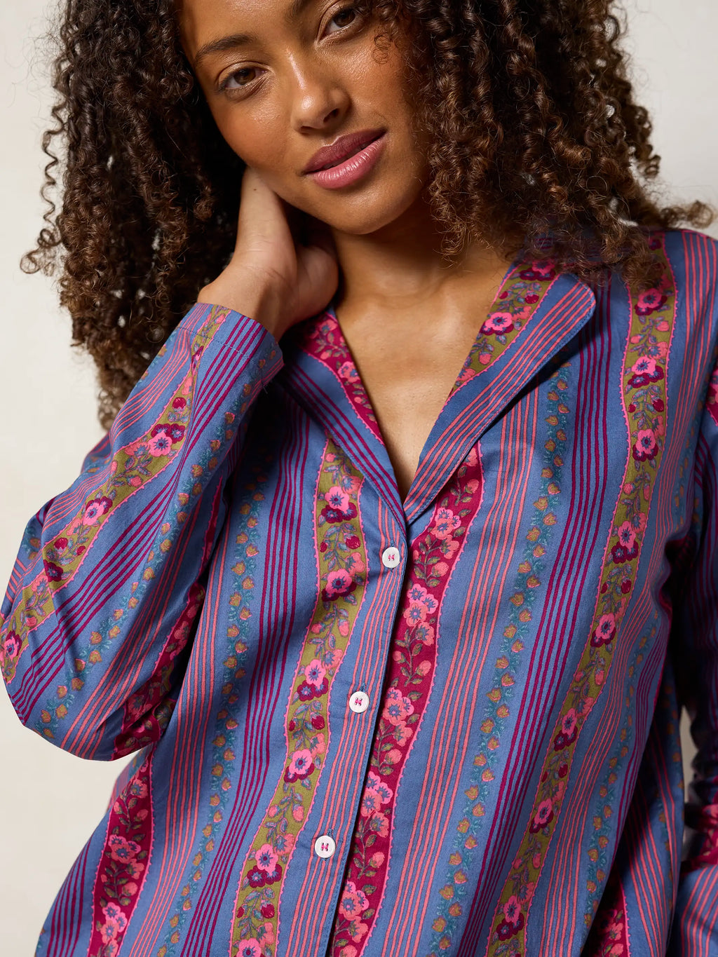 Mix & Match Cotton Long Sleeve Pajama Top - Retro Ribbons Navy