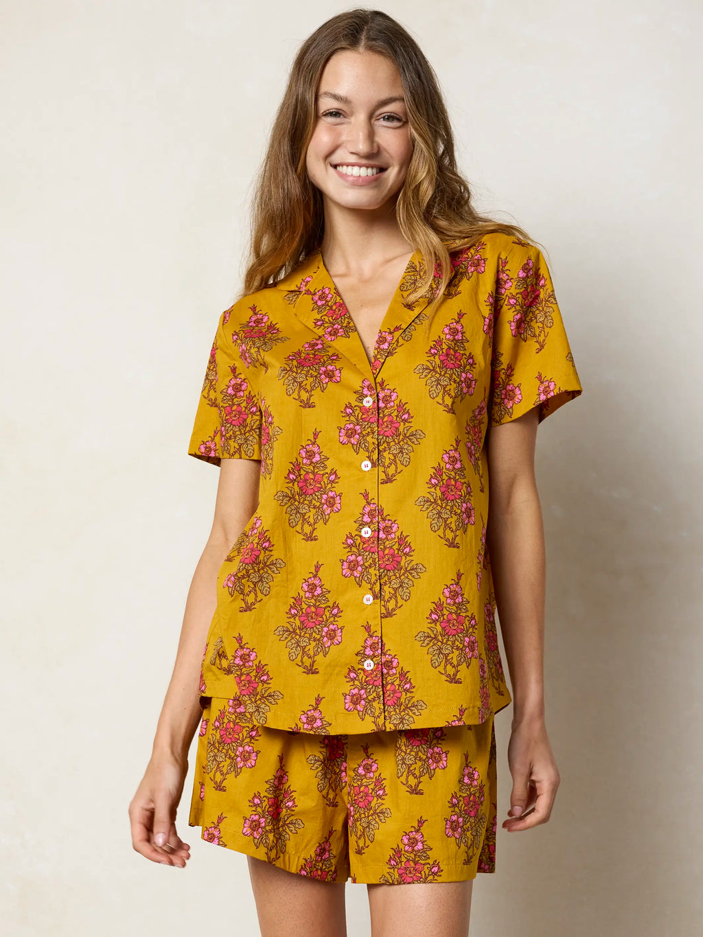 Mix & Match Cotton Pajama Shorts - Garden Block Stamp Gold