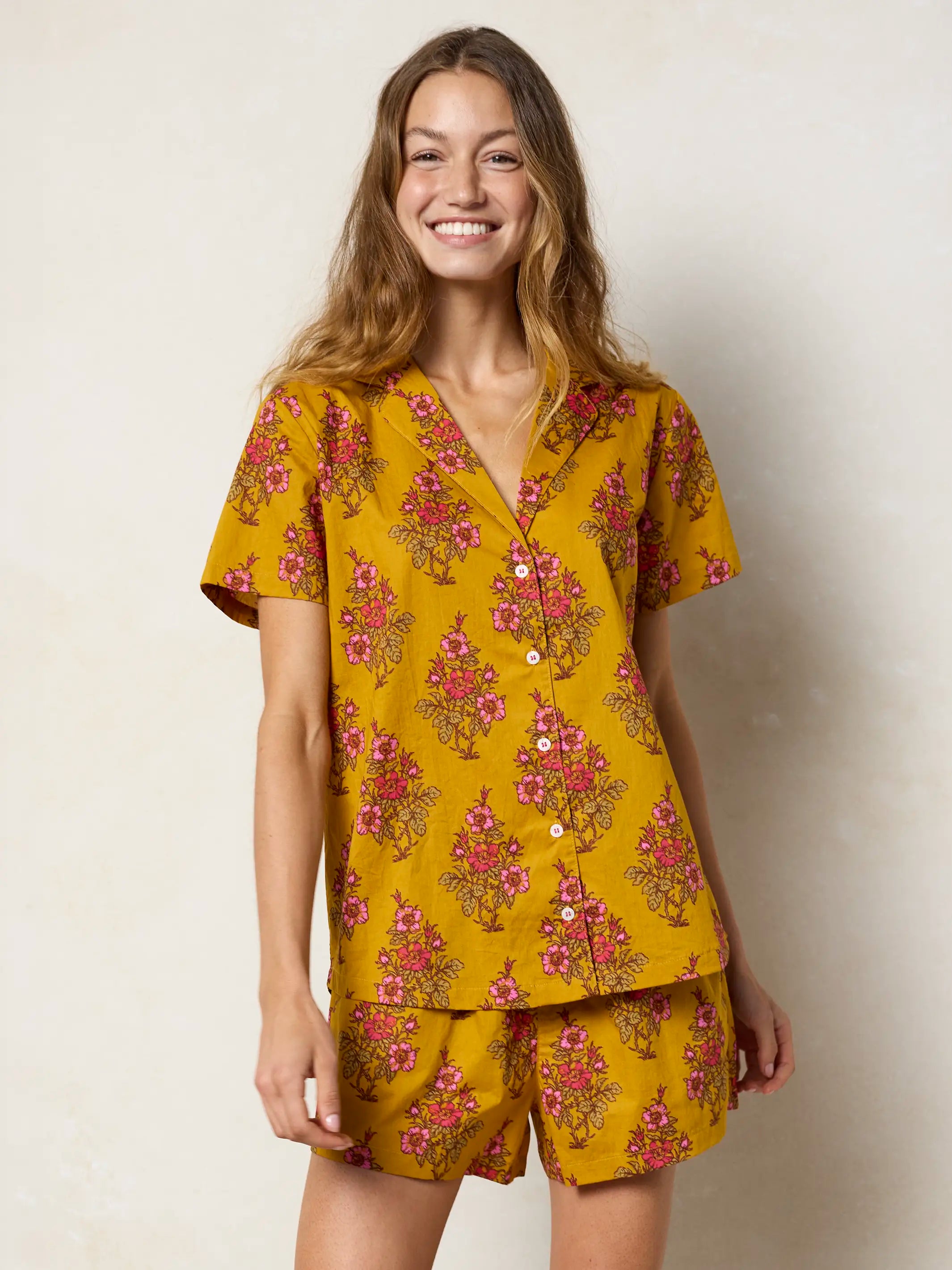 Mix & Match Cotton Short Sleeve Pajama Top - Garden Block Stamp Gold