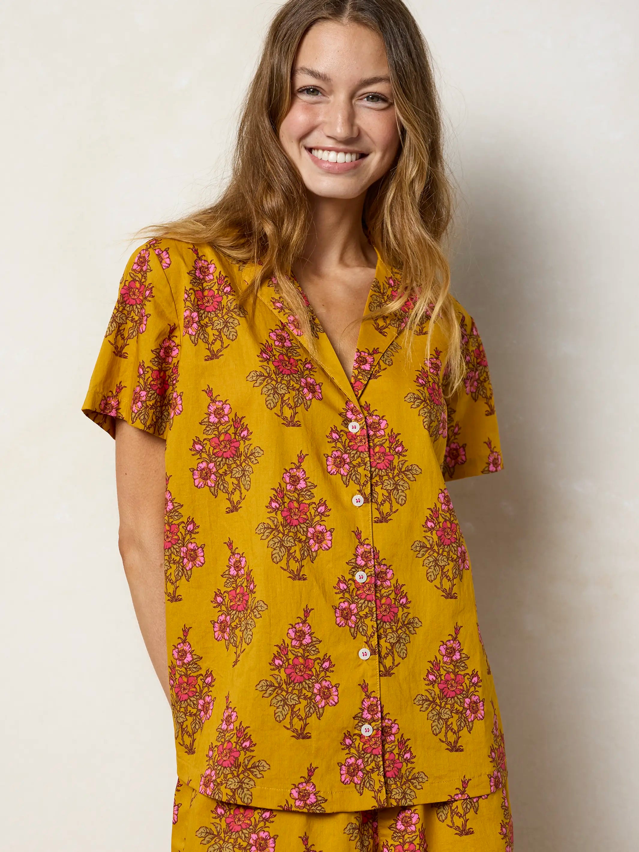 Mix & Match Cotton Short Sleeve Pajama Top - Garden Block Stamp Gold