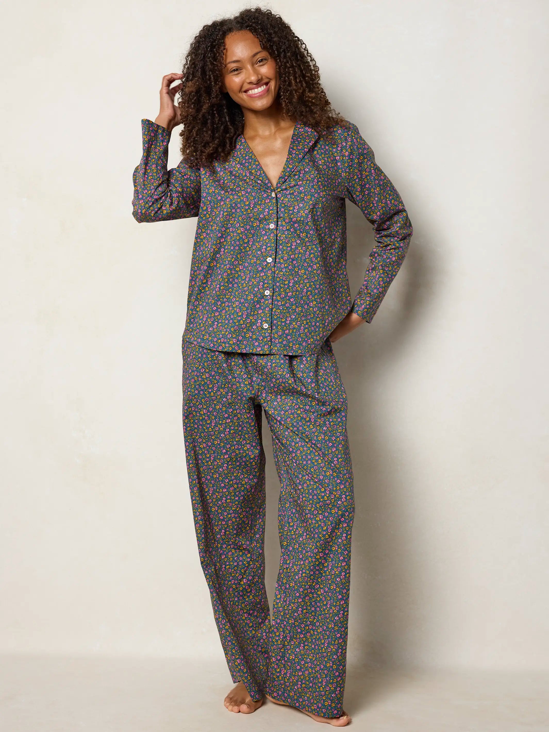 Mix & Match Cotton Long Sleeve Pajama Top - Mari Ditsy Navy
